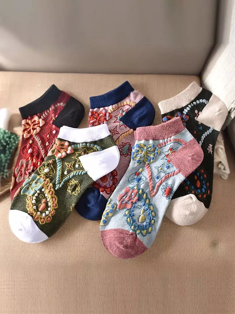 5 Pairs Women Summer Flower Jacquard Short Socks KL1039