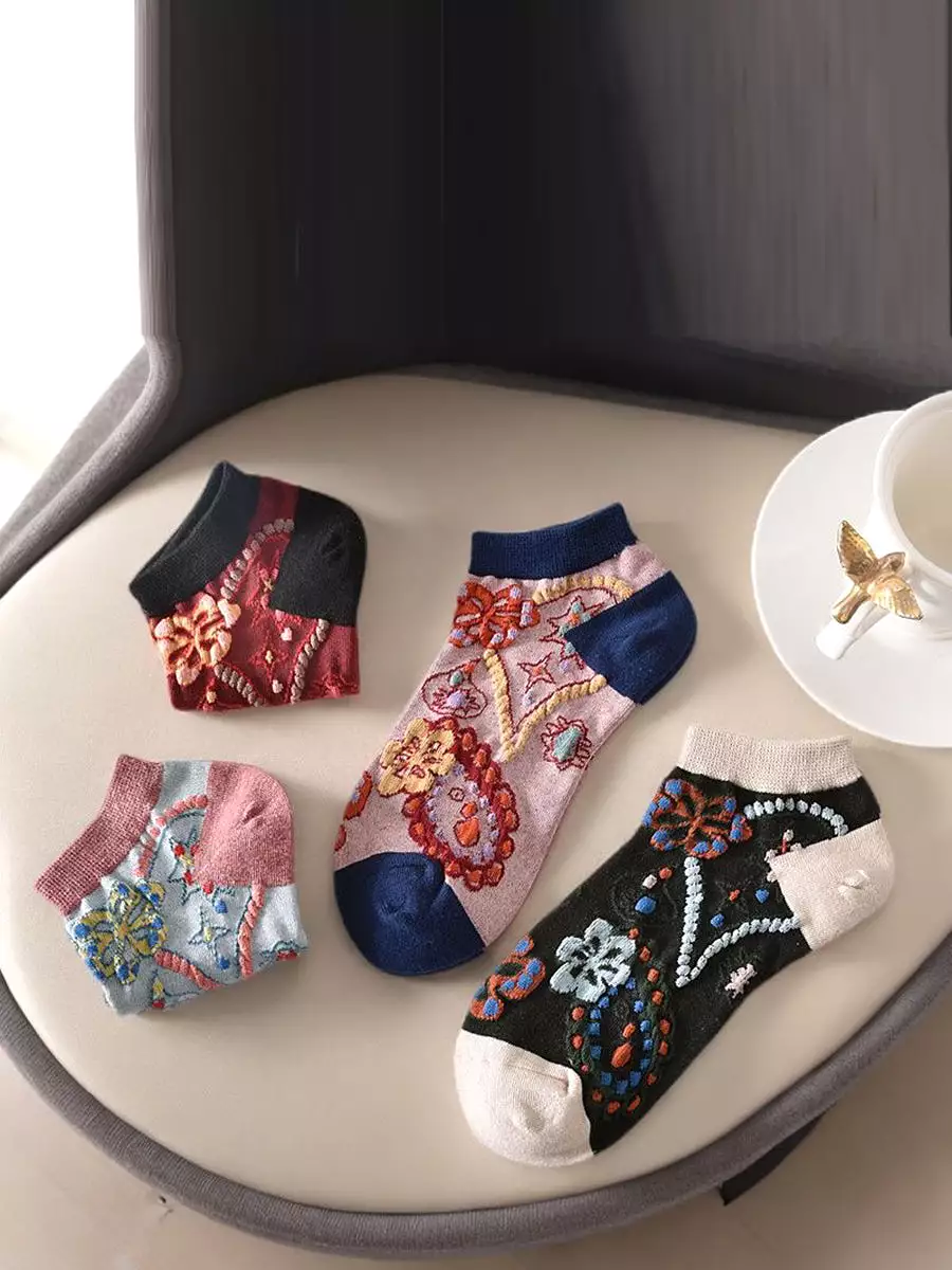 5 Pairs Women Summer Flower Jacquard Short Socks KL1039