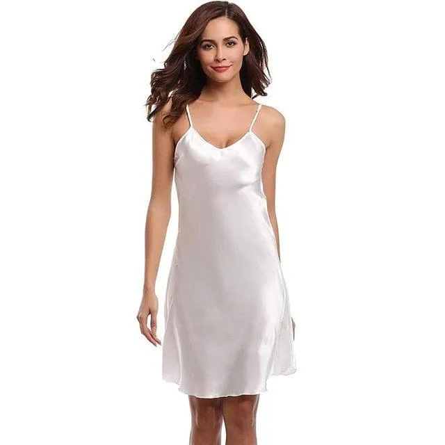 Female Satin Nightgown Lady Sexy Spaghetti Strap Night Dress