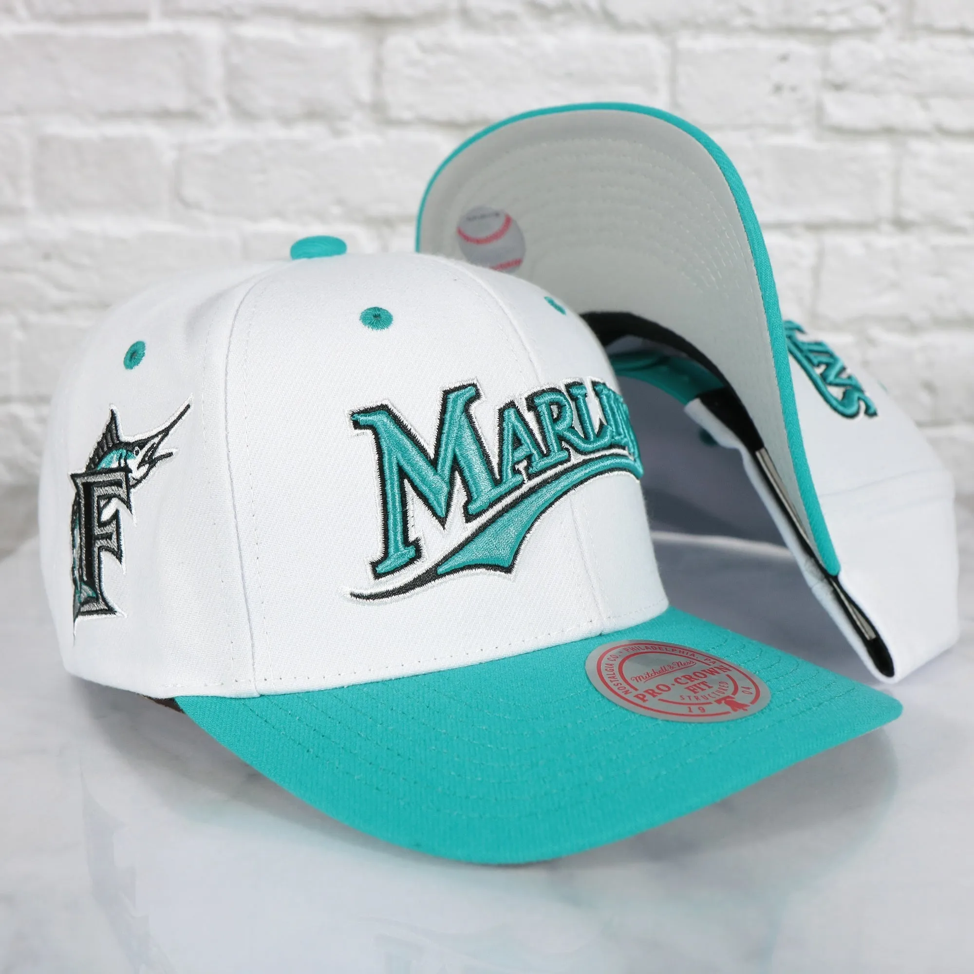 Florida Marlins Cooperstown Marlins Jersey Script 1993 Marlins logo side patch Evergreen Pro | White/Teal Snapback Hat