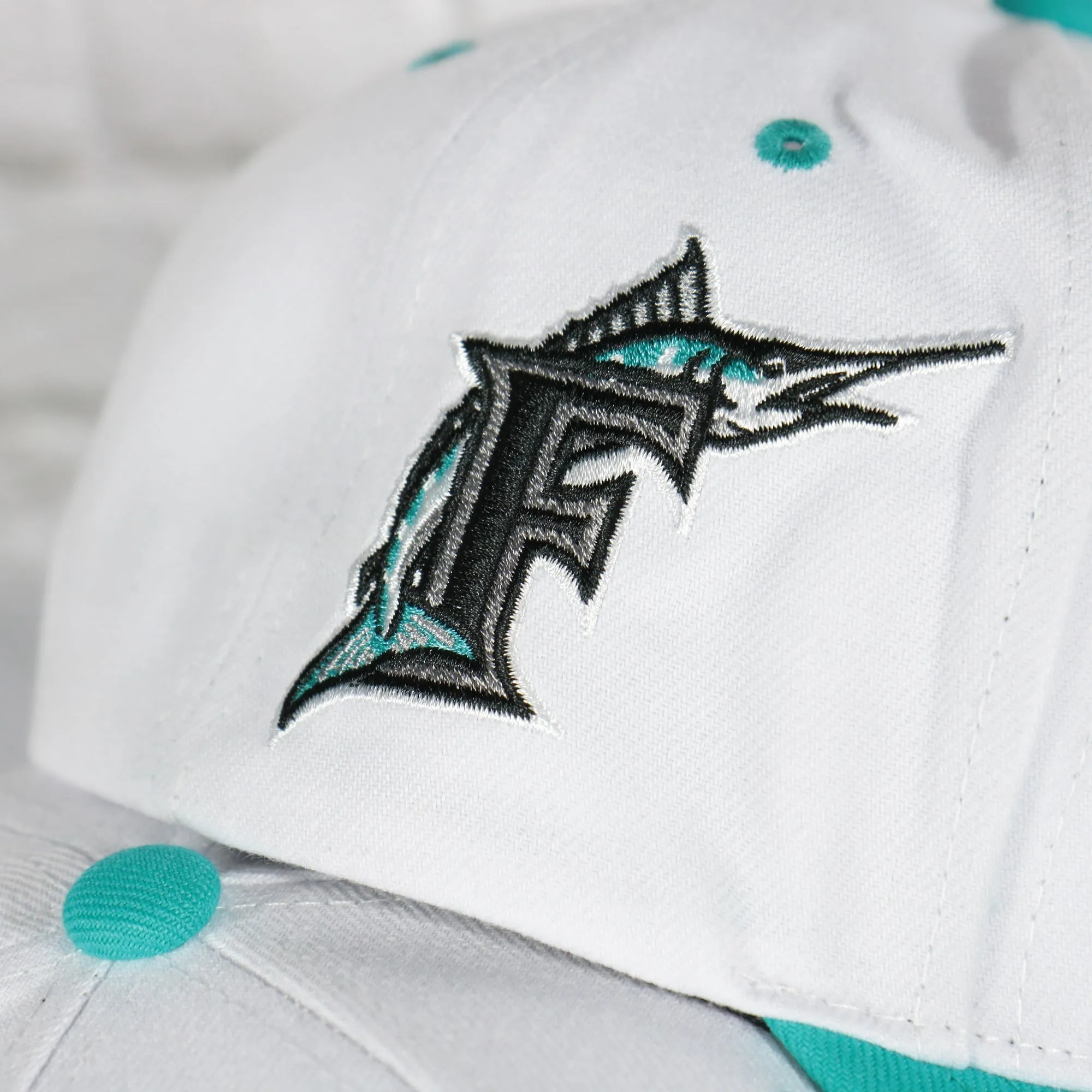 Florida Marlins Cooperstown Marlins Jersey Script 1993 Marlins logo side patch Evergreen Pro | White/Teal Snapback Hat