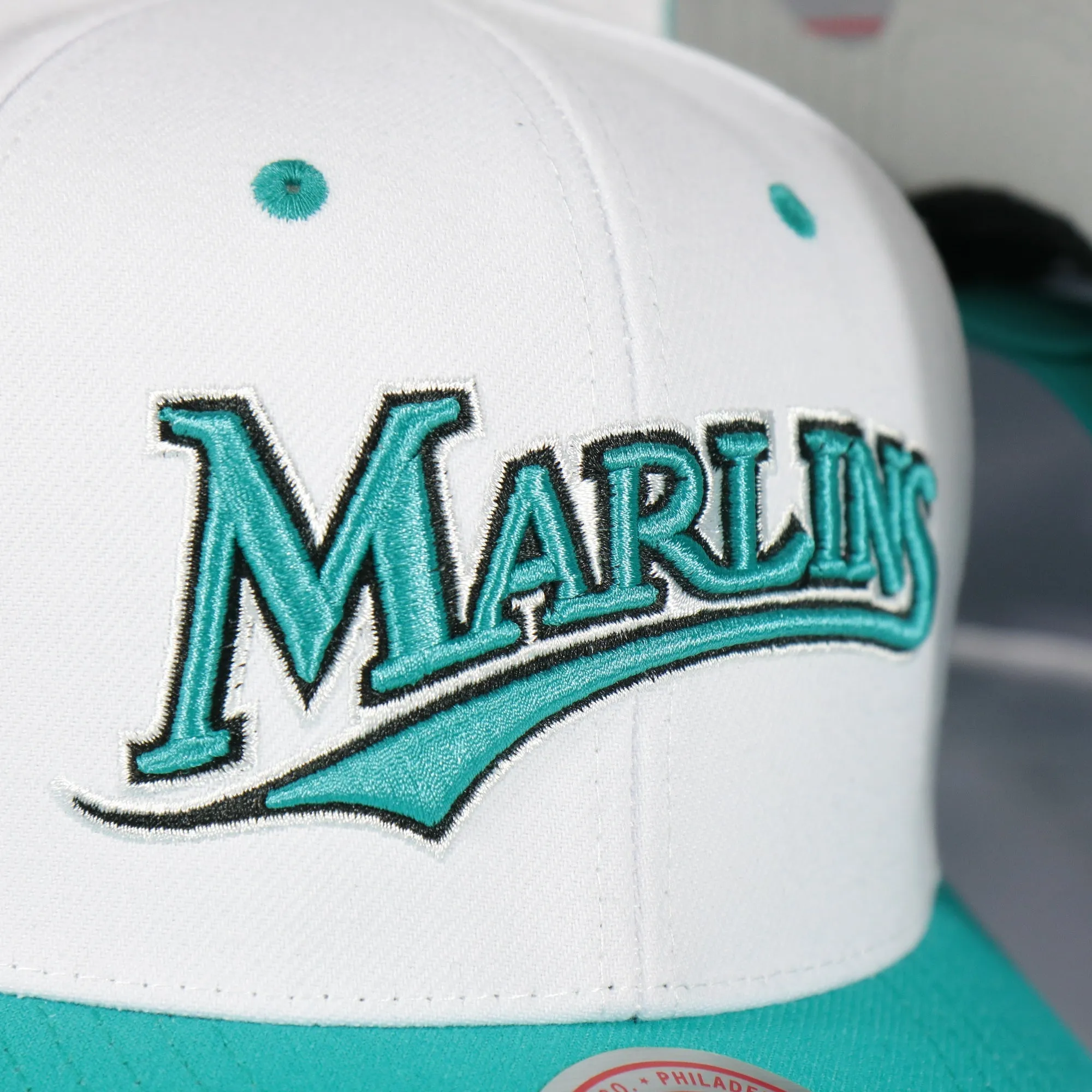 Florida Marlins Cooperstown Marlins Jersey Script 1993 Marlins logo side patch Evergreen Pro | White/Teal Snapback Hat