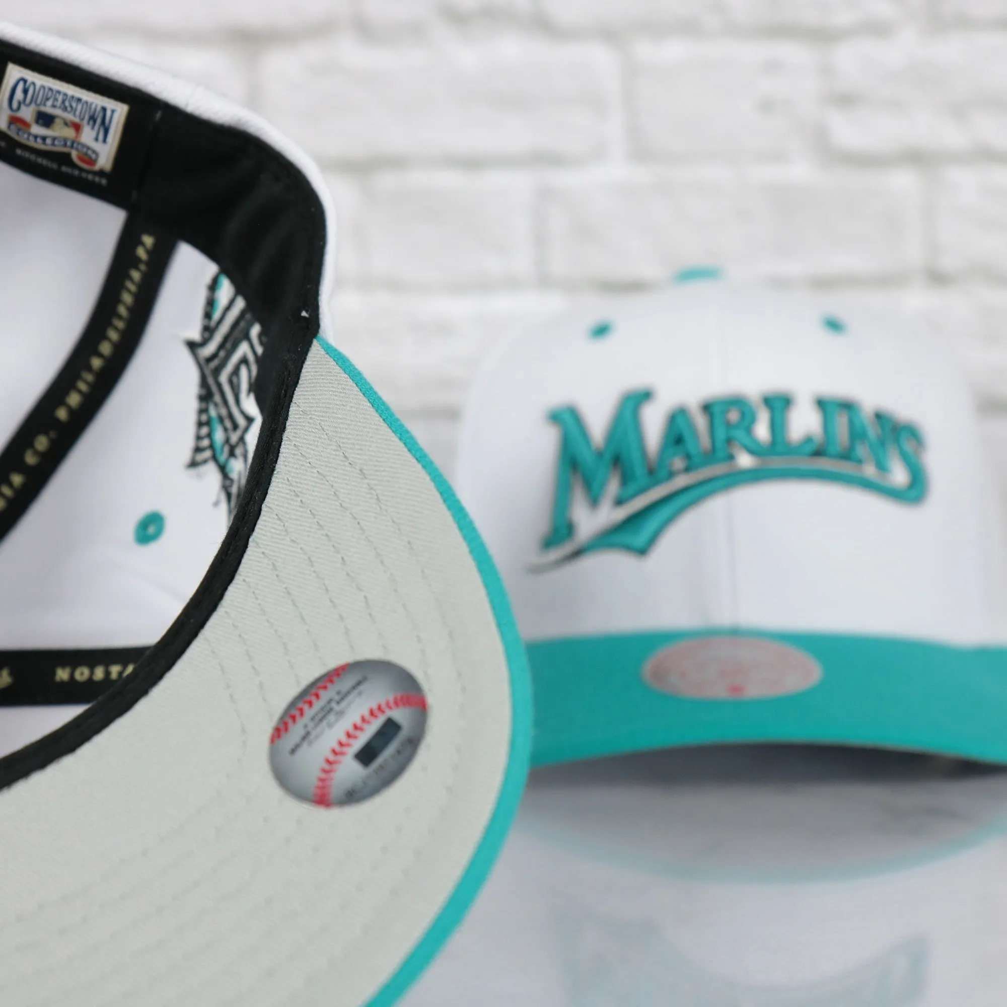 Florida Marlins Cooperstown Marlins Jersey Script 1993 Marlins logo side patch Evergreen Pro | White/Teal Snapback Hat