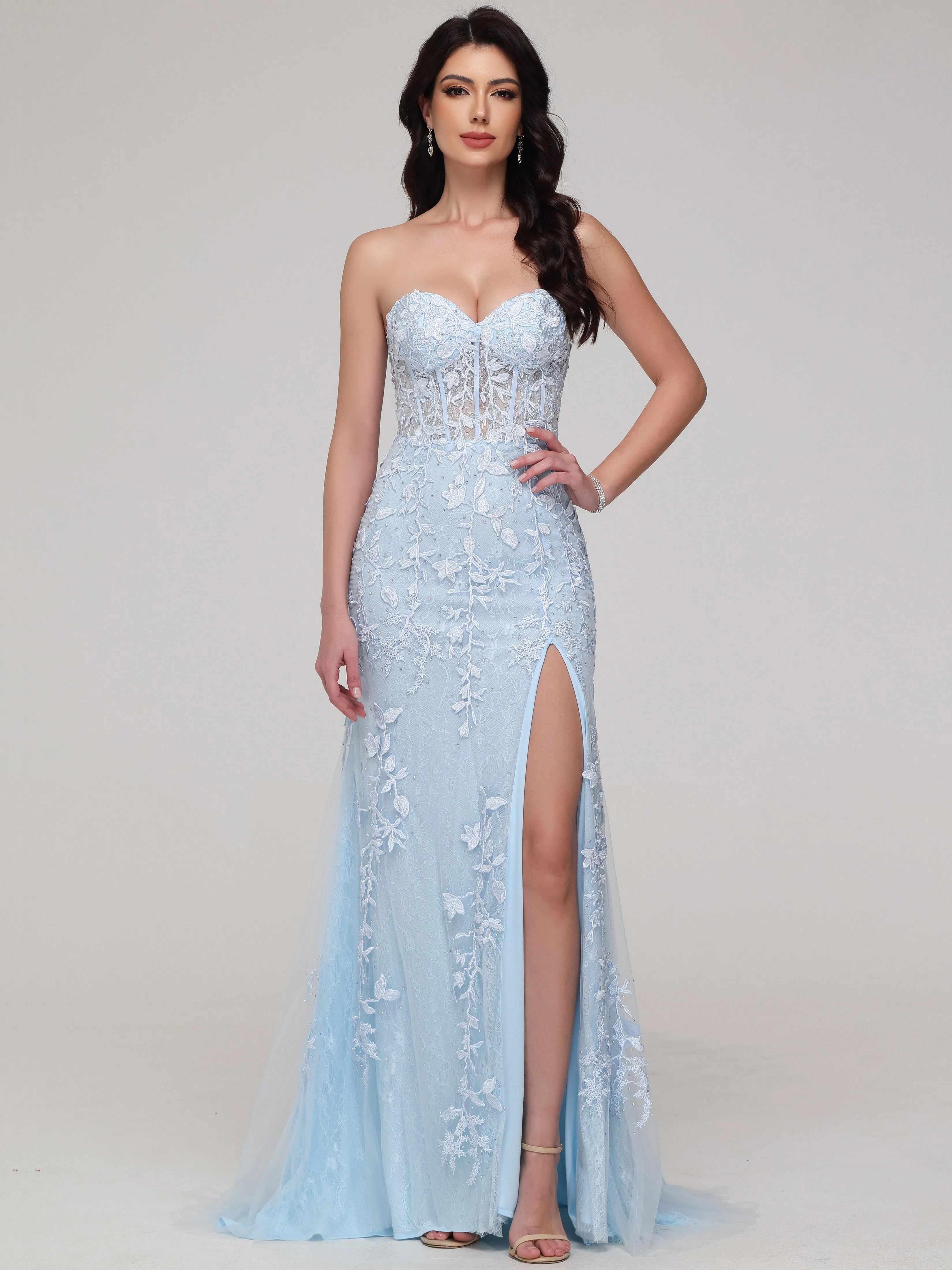 Forme sirène Cache cœur Fendue Strass Tulle Dentelle Robe de Soirée avec traîne BLEU CIEL