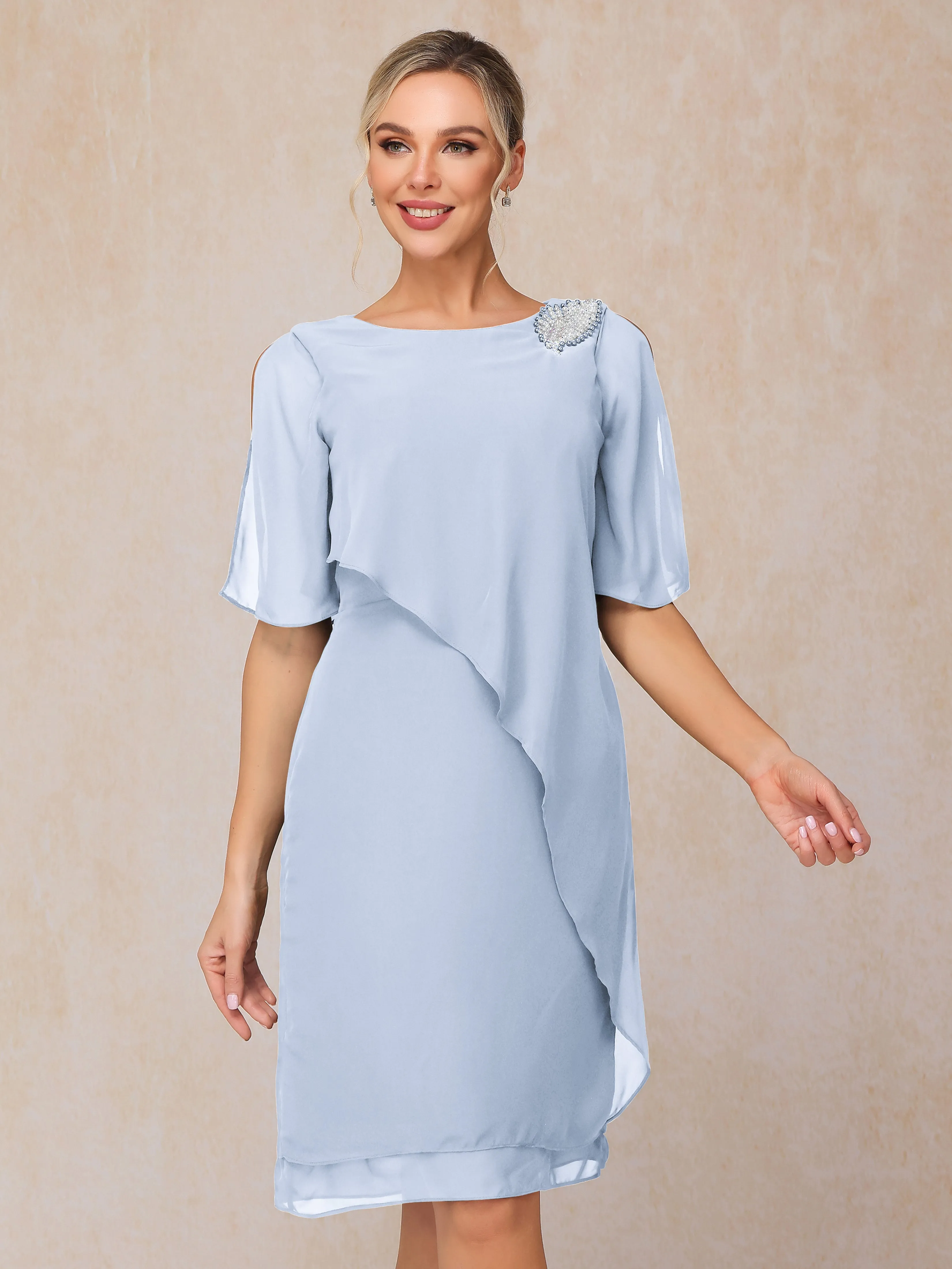 Fourreau Longueur genou Asymétrique Mousseline Robe Mère de la Mariée avec perles