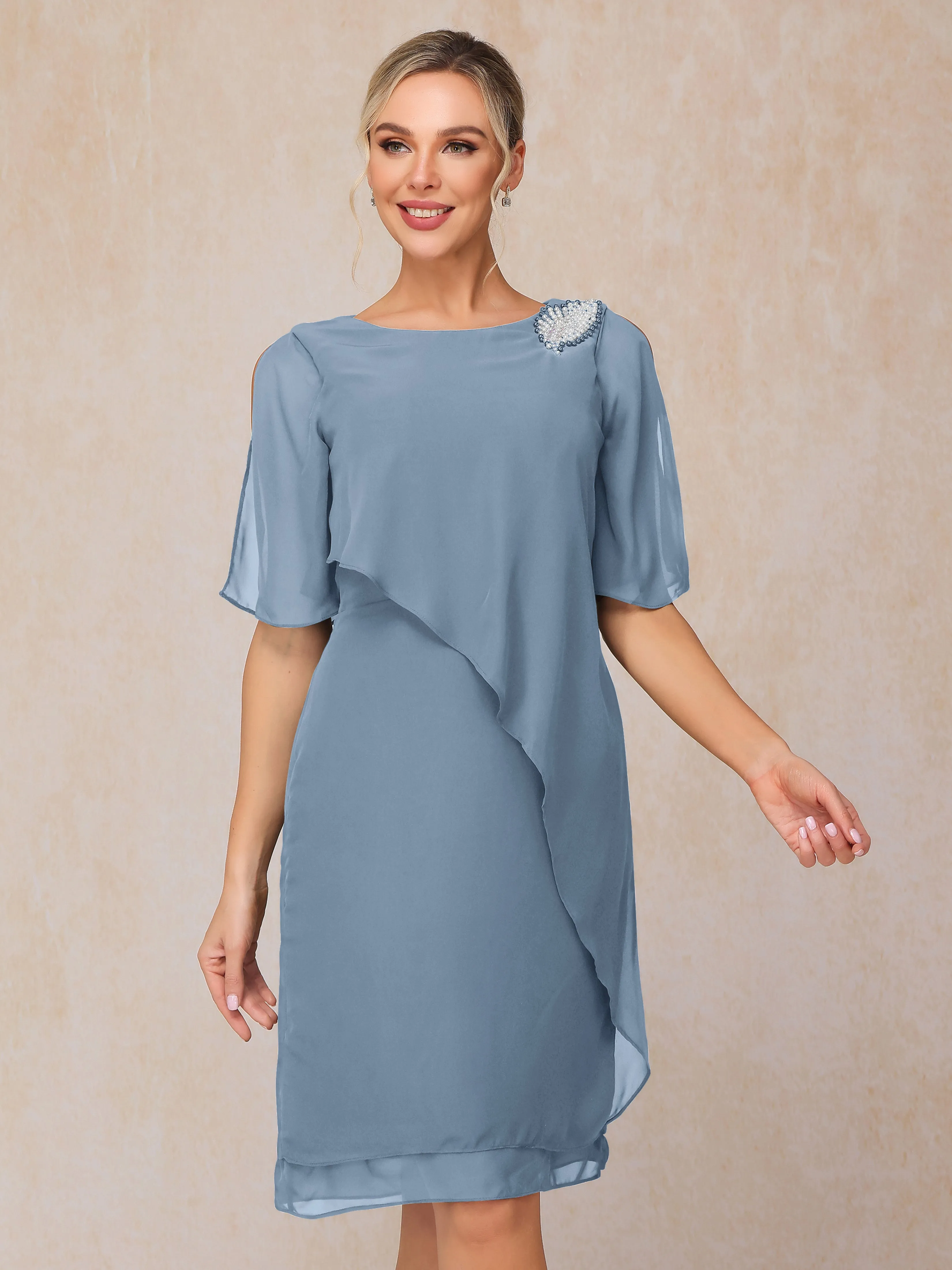 Fourreau Longueur genou Asymétrique Mousseline Robe Mère de la Mariée avec perles