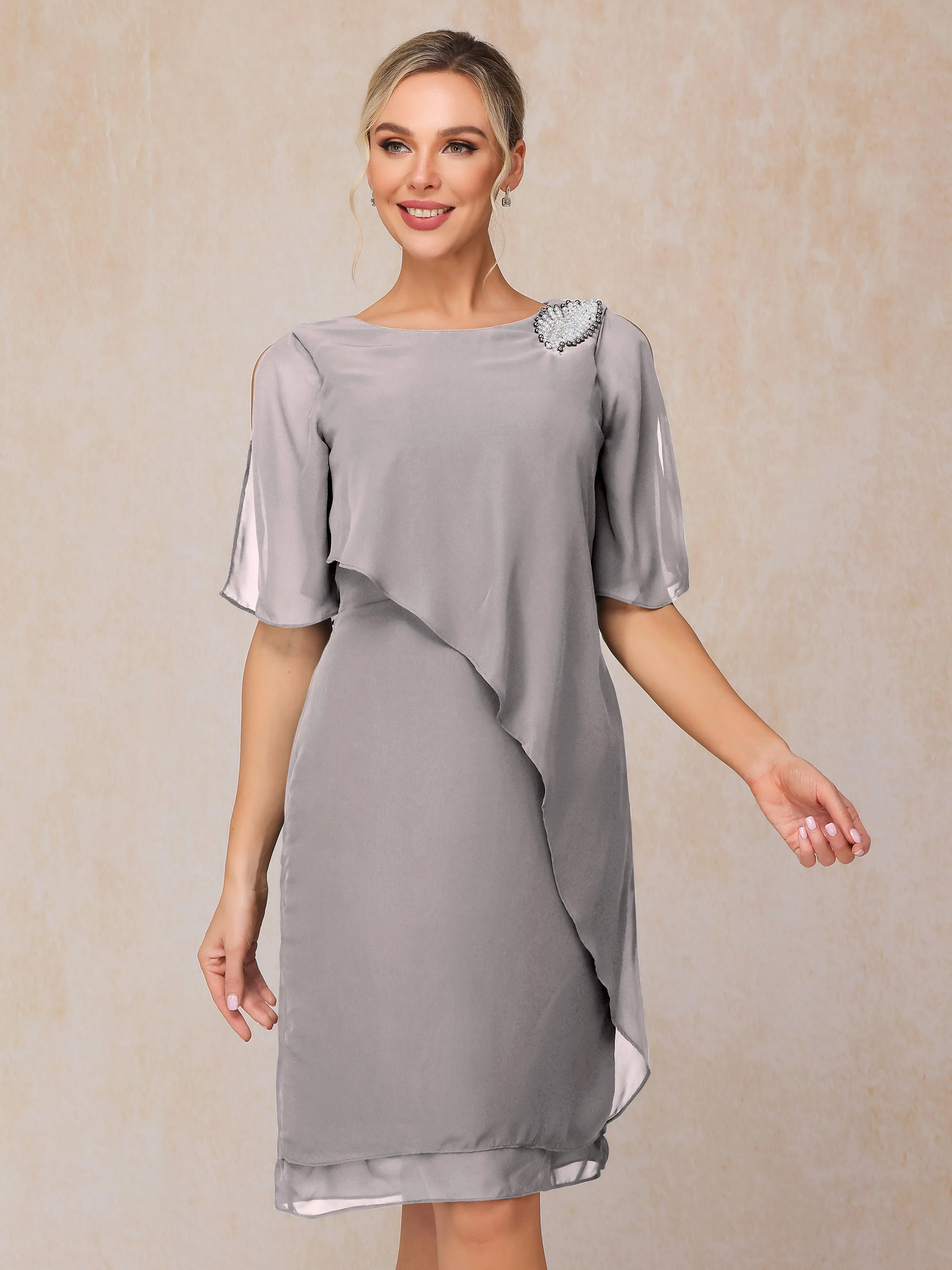 Fourreau Longueur genou Asymétrique Mousseline Robe Mère de la Mariée avec perles