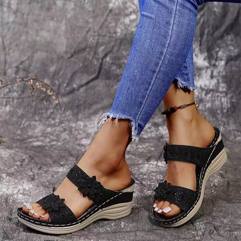 Libiyi Women Casual Shoes Vintage Flower Fish Mouth Sandals