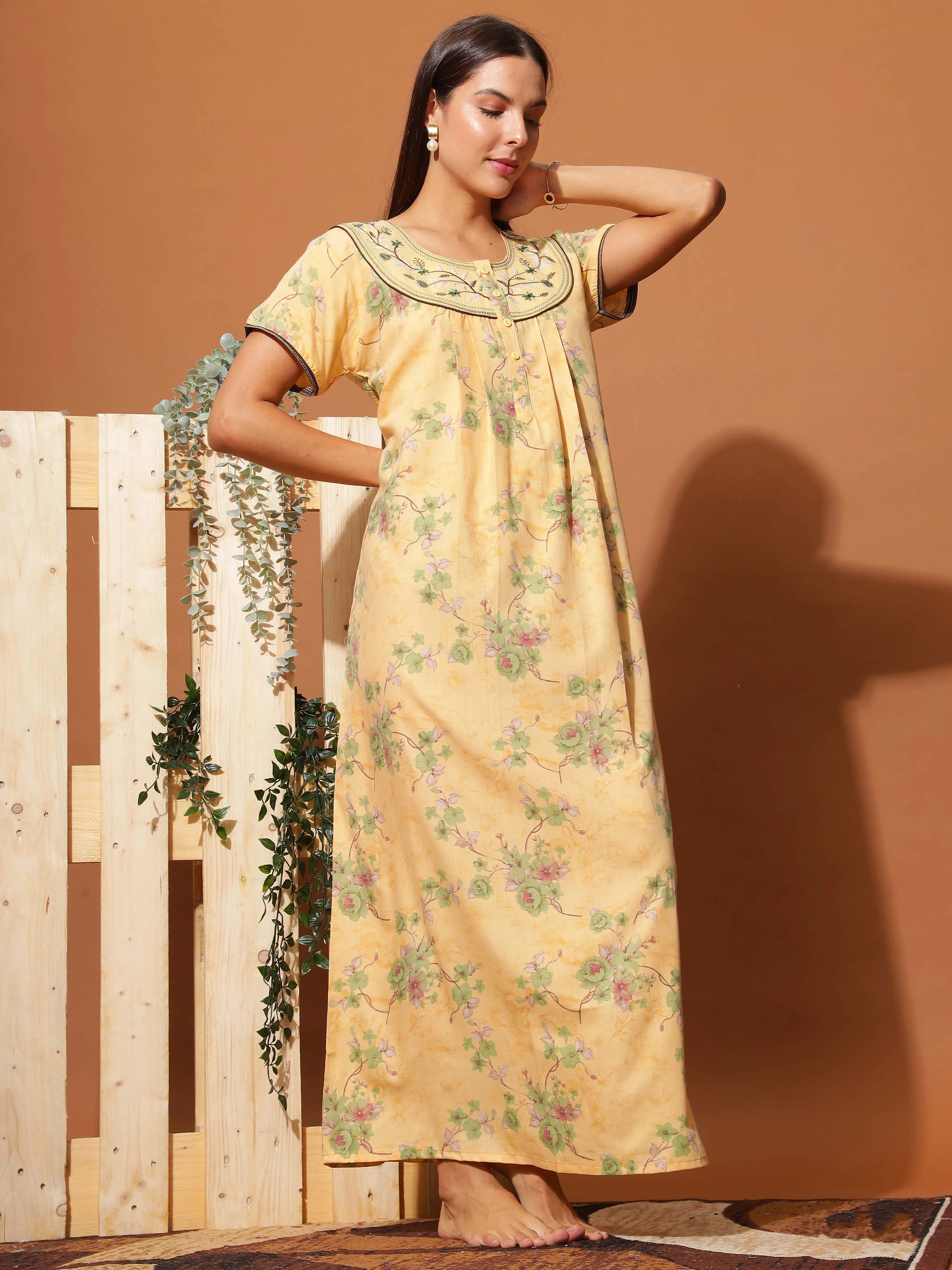 Luxurious Golden Yellow Floral Maxi Nightgown with Neck Embroidery