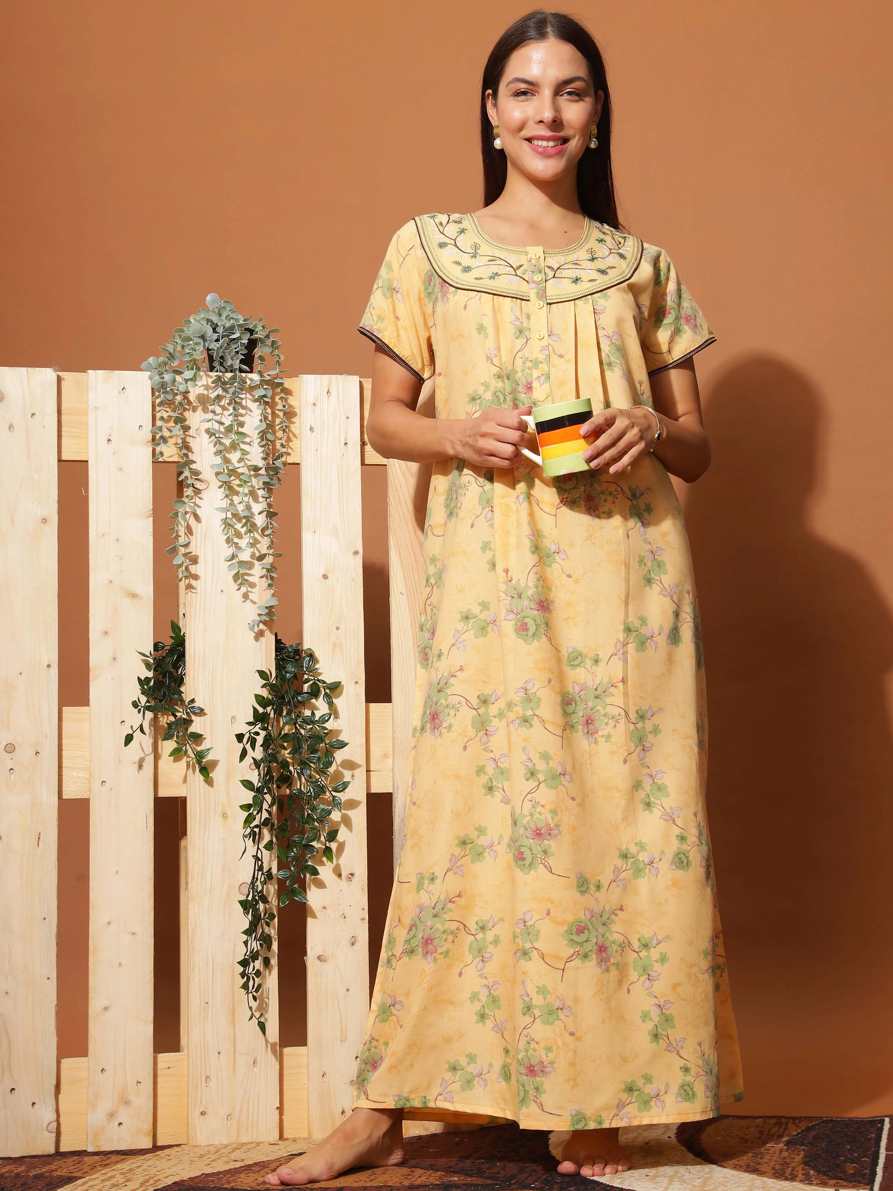 Luxurious Golden Yellow Floral Maxi Nightgown with Neck Embroidery