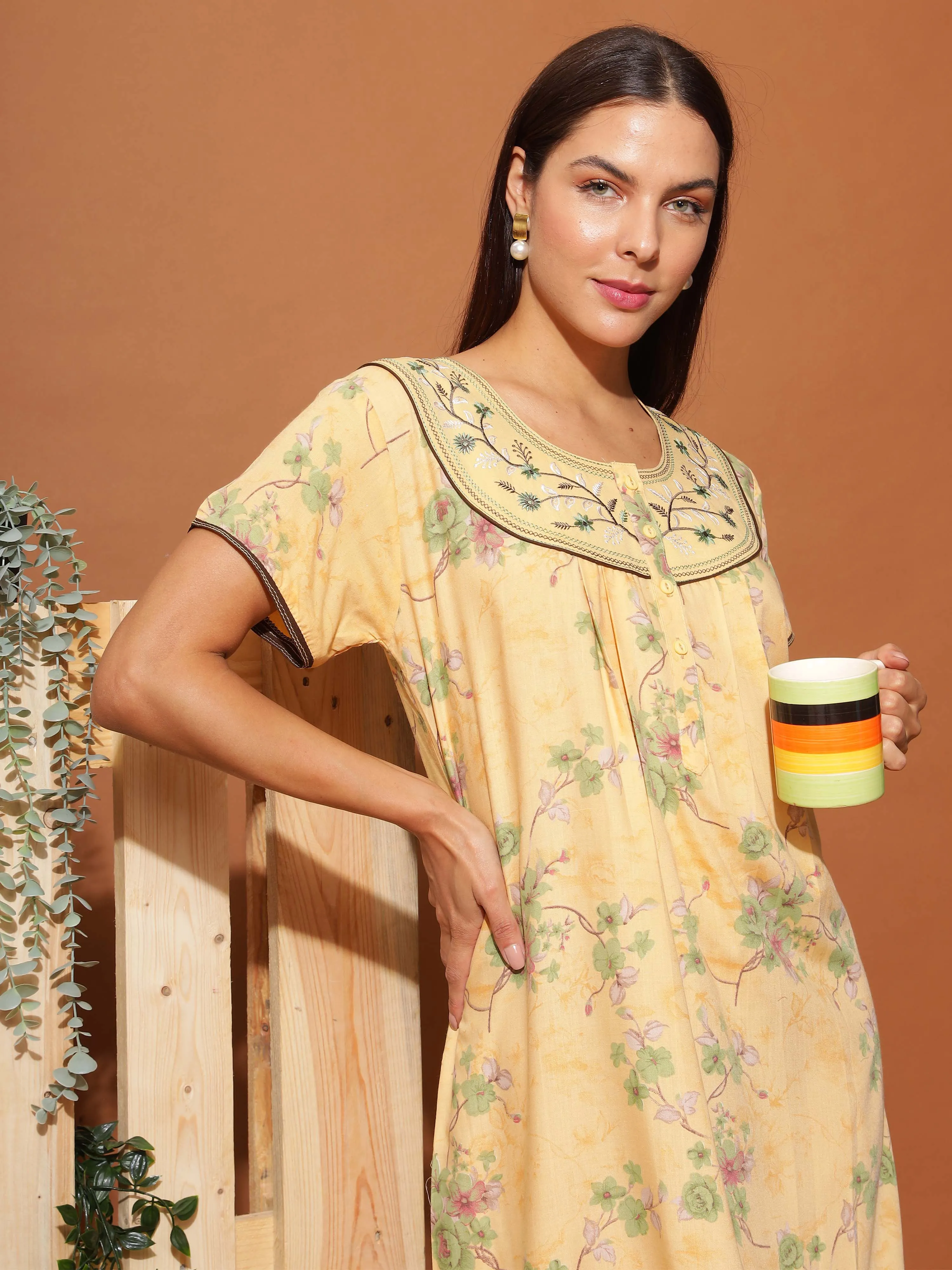 Luxurious Golden Yellow Floral Maxi Nightgown with Neck Embroidery