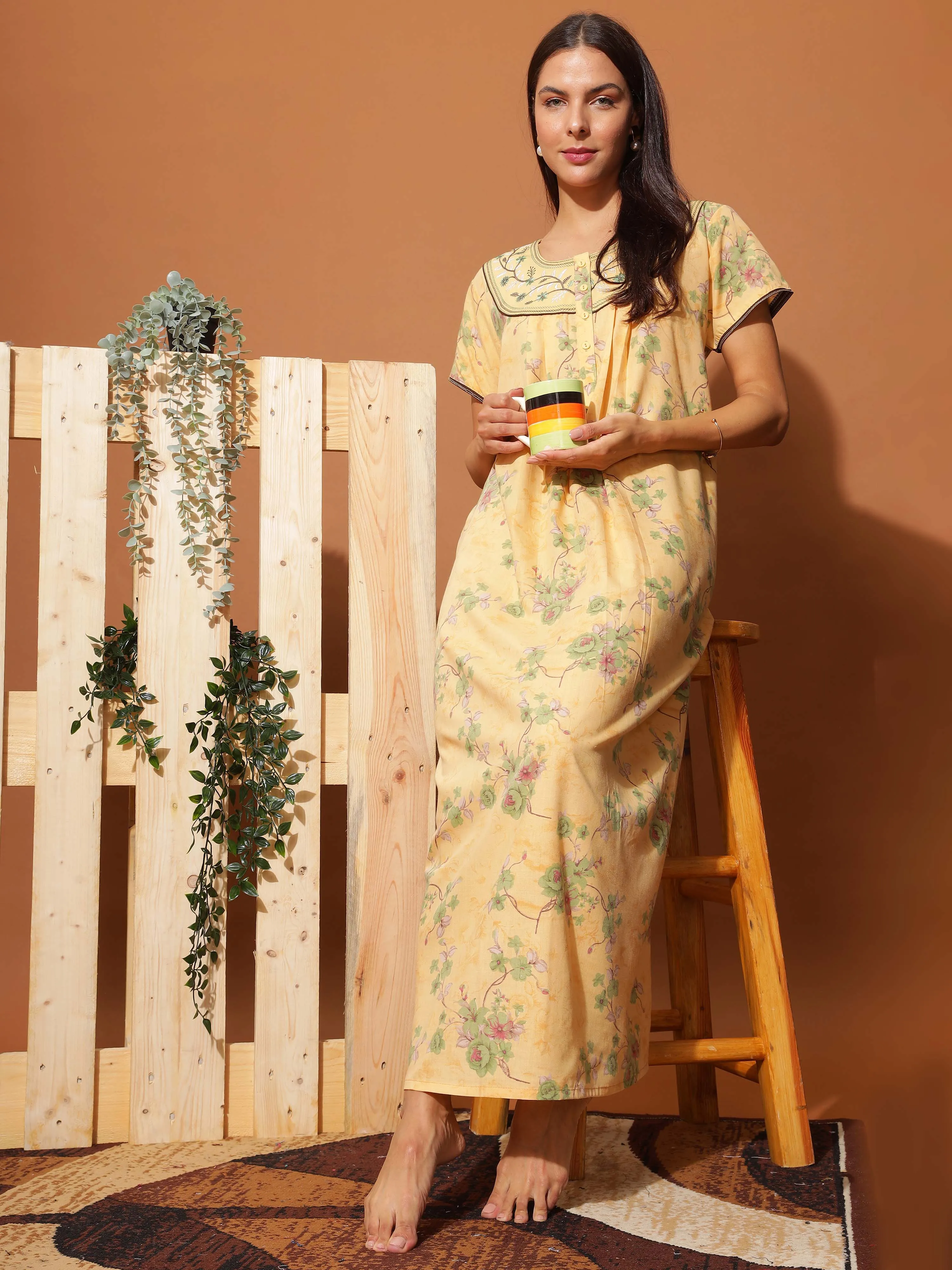 Luxurious Golden Yellow Floral Maxi Nightgown with Neck Embroidery