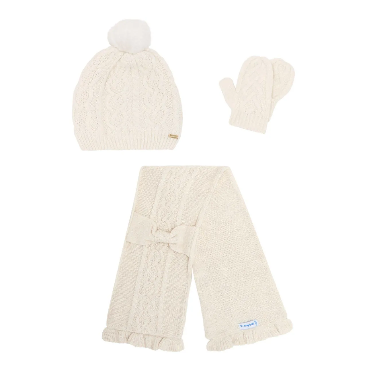 MAYORAL Three-Piece Cable-Knit Hat, Mittens & Scarf Set - Cream