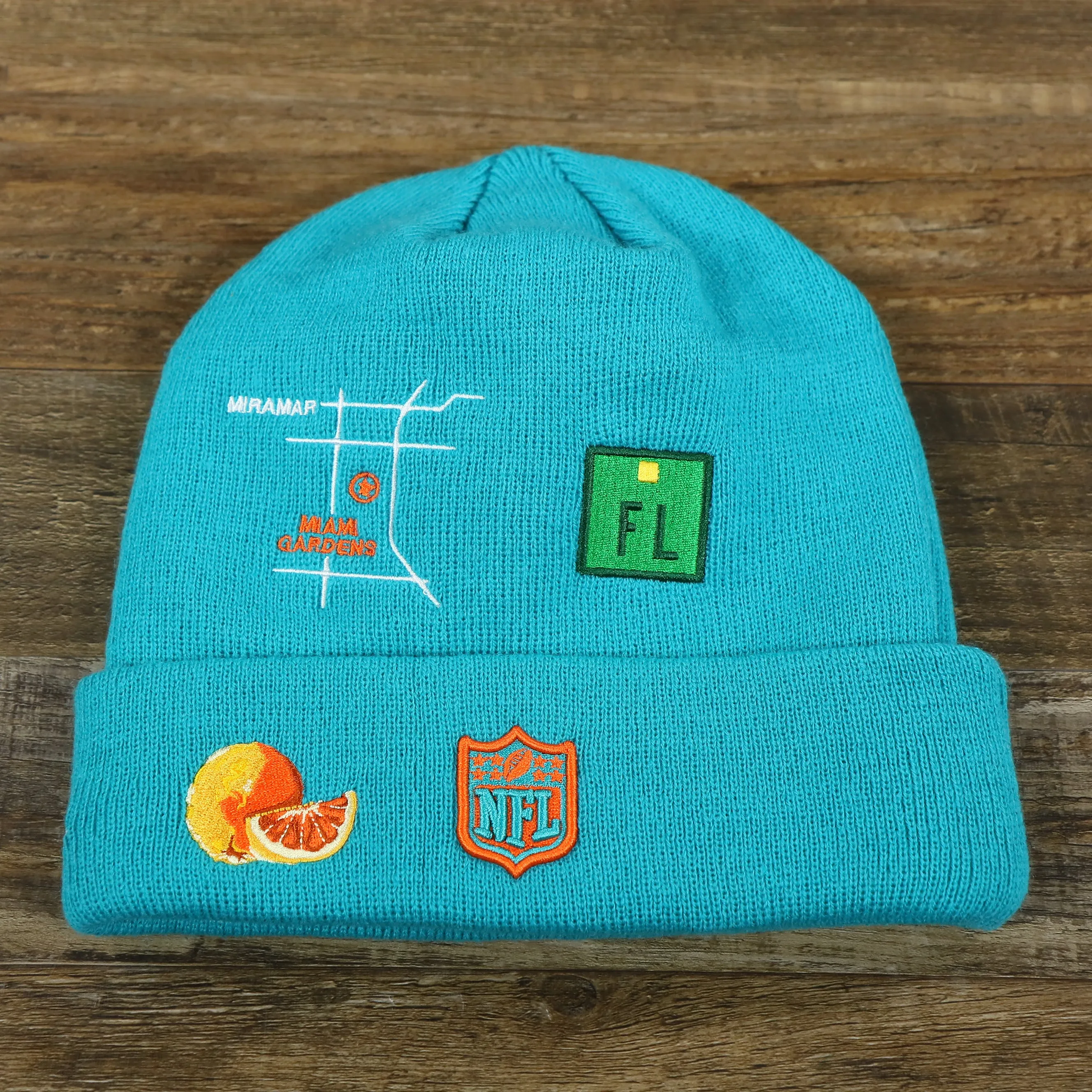 Miami Dolphins City Transit 59Fifty Fitted Matching All Over Side Patch Beanie