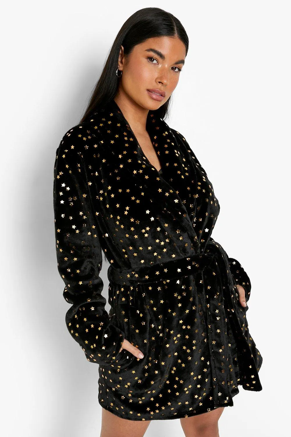 Petite Christmas Star Print Basic Short Robe