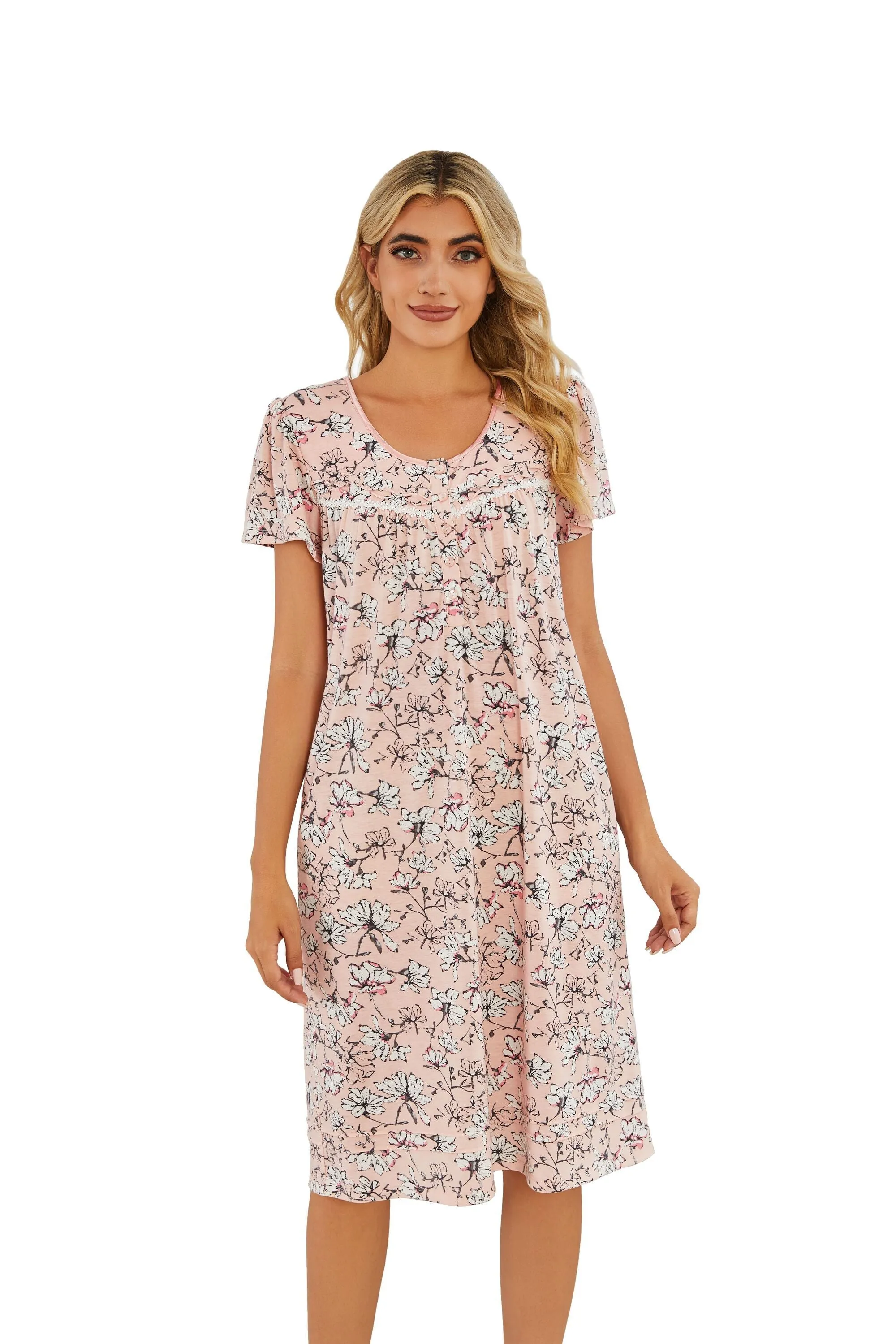 RH Women's Floral Sleepwear Button Duster Robe Short Sleeve House Dress Nightgown S-XXL RHW4054