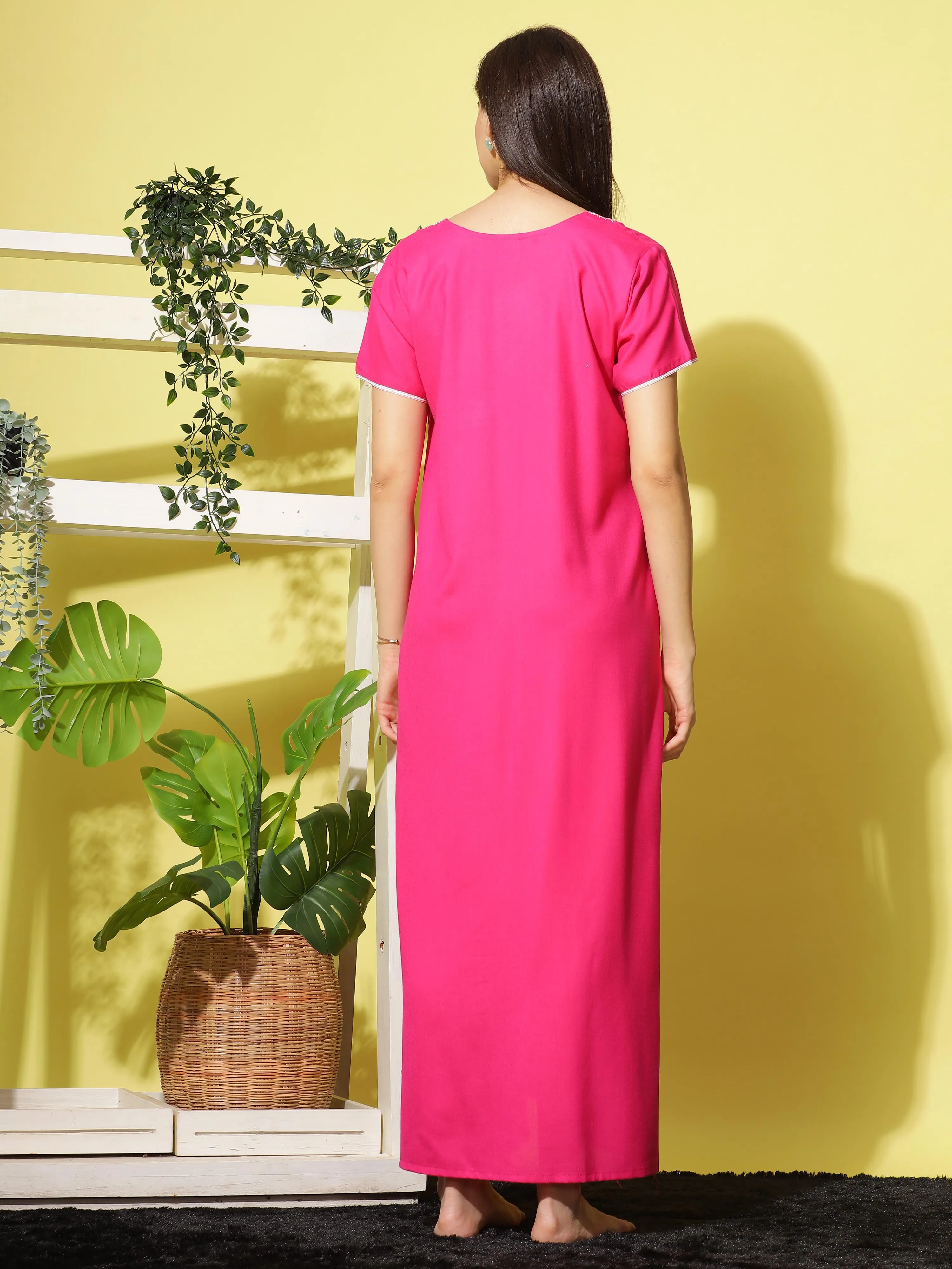 Stylish Rani Pink Designer Nightgown with Neck Embroidery