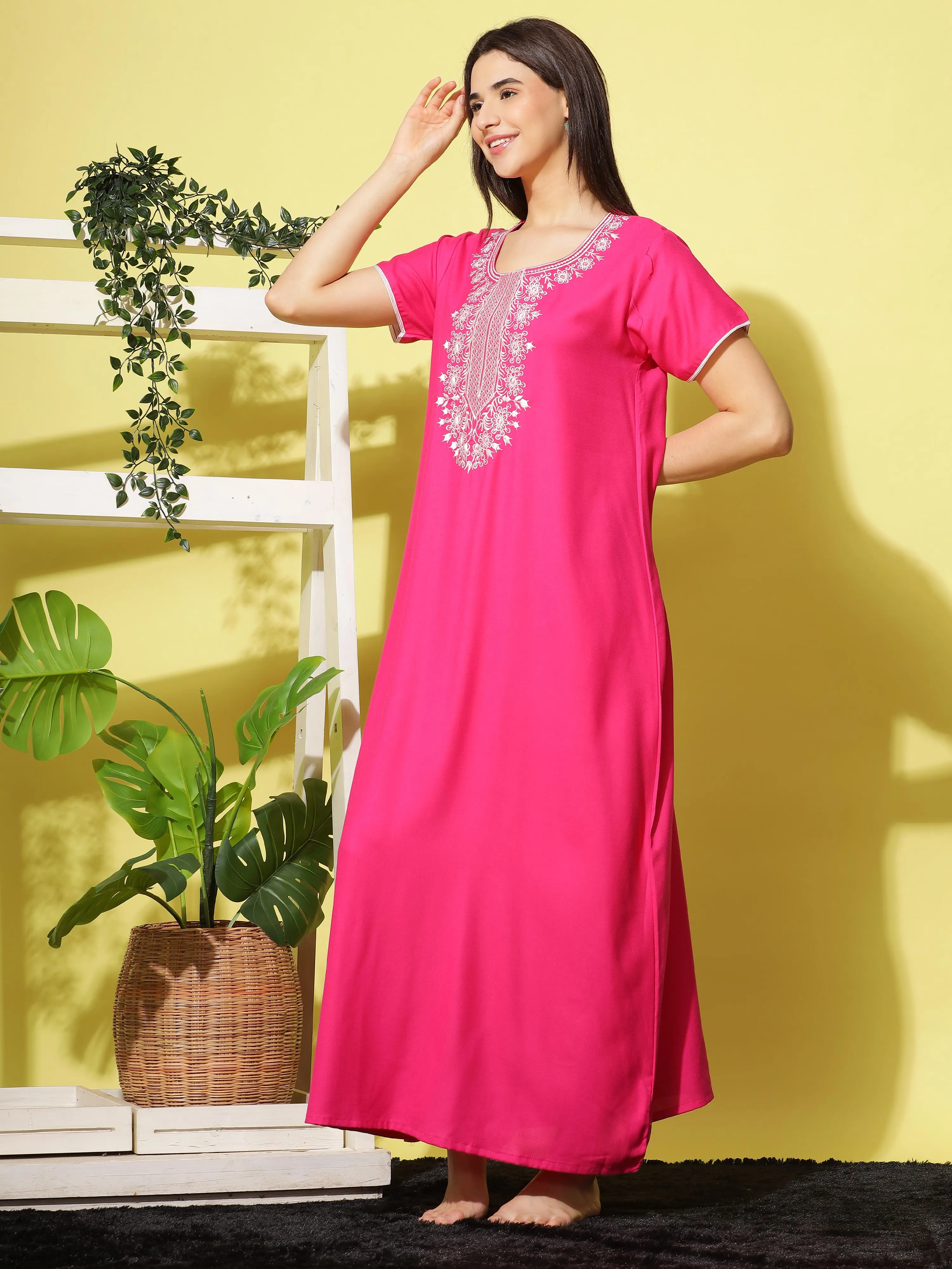 Stylish Rani Pink Designer Nightgown with Neck Embroidery