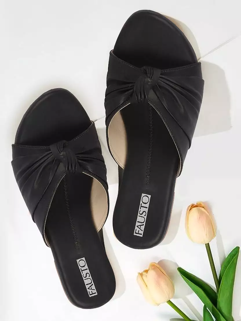 Women Black Bow Design Open Toe Slip On Flats Slippers