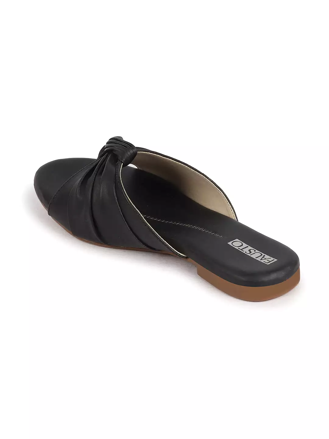 Women Black Bow Design Open Toe Slip On Flats Slippers