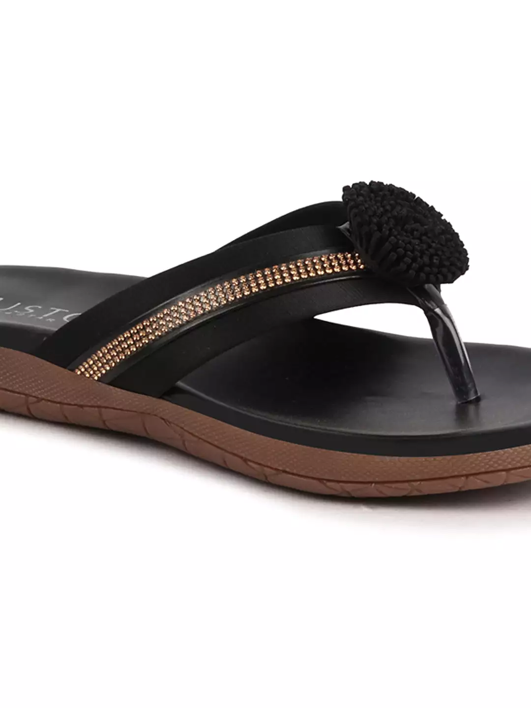 Women Black Shiny Beads T-Strap Slipper With Cushioned Footbed|Party|Office Wear|Weekend