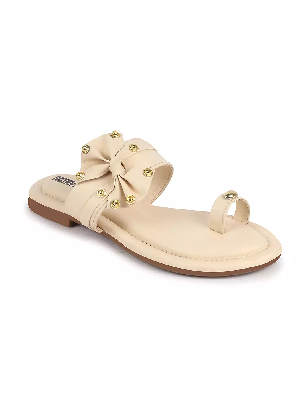 Women Cream Bow Design Toe Ring Slip On Flats Slippers