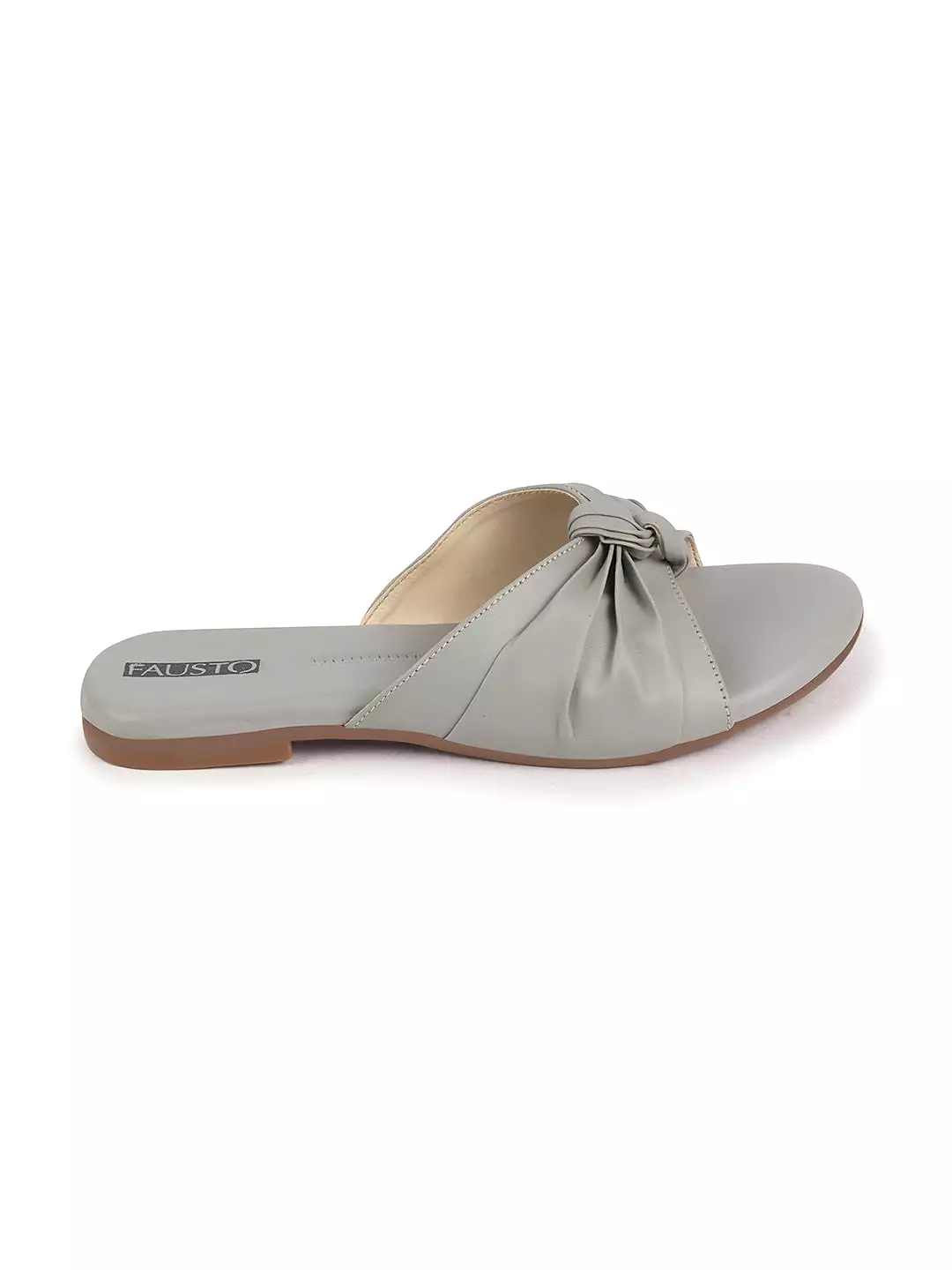 Women Grey Bow Design Open Toe Slip On Flats Slippers