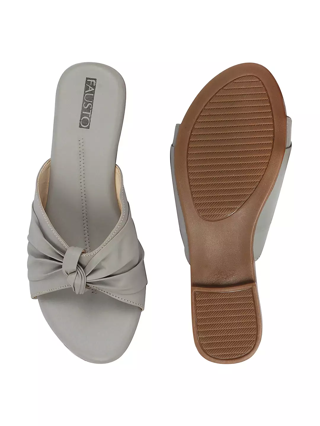 Women Grey Bow Design Open Toe Slip On Flats Slippers