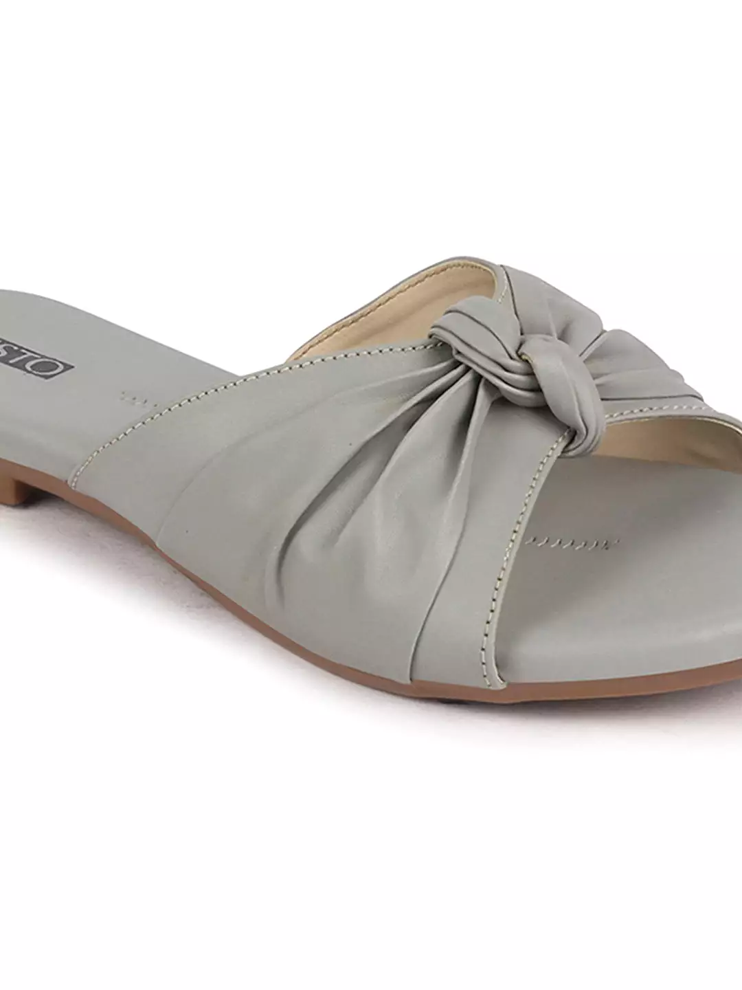 Women Grey Bow Design Open Toe Slip On Flats Slippers