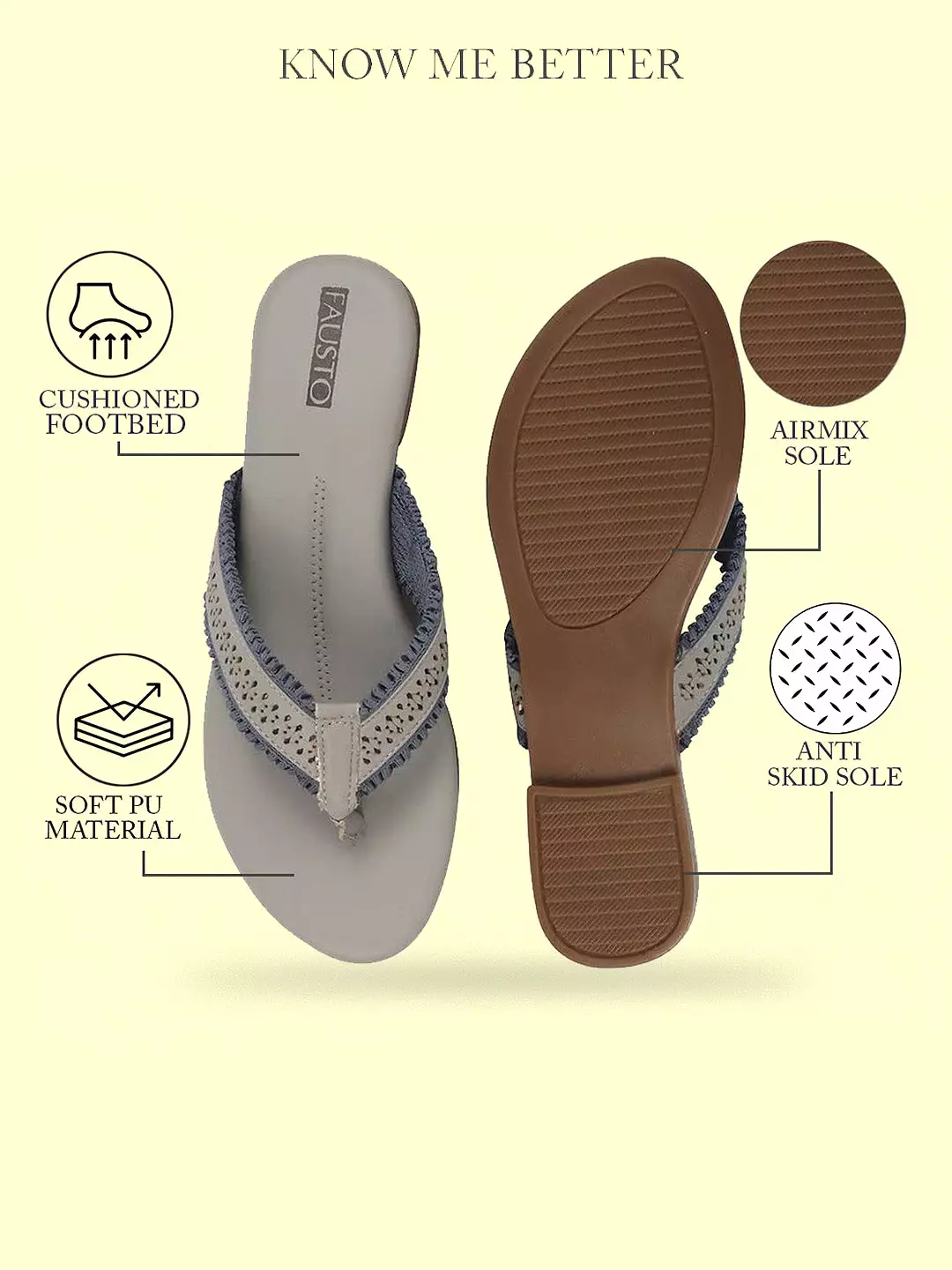 Women Grey Laser Cut Design T-Strap Thong Slip On Flats Slippers