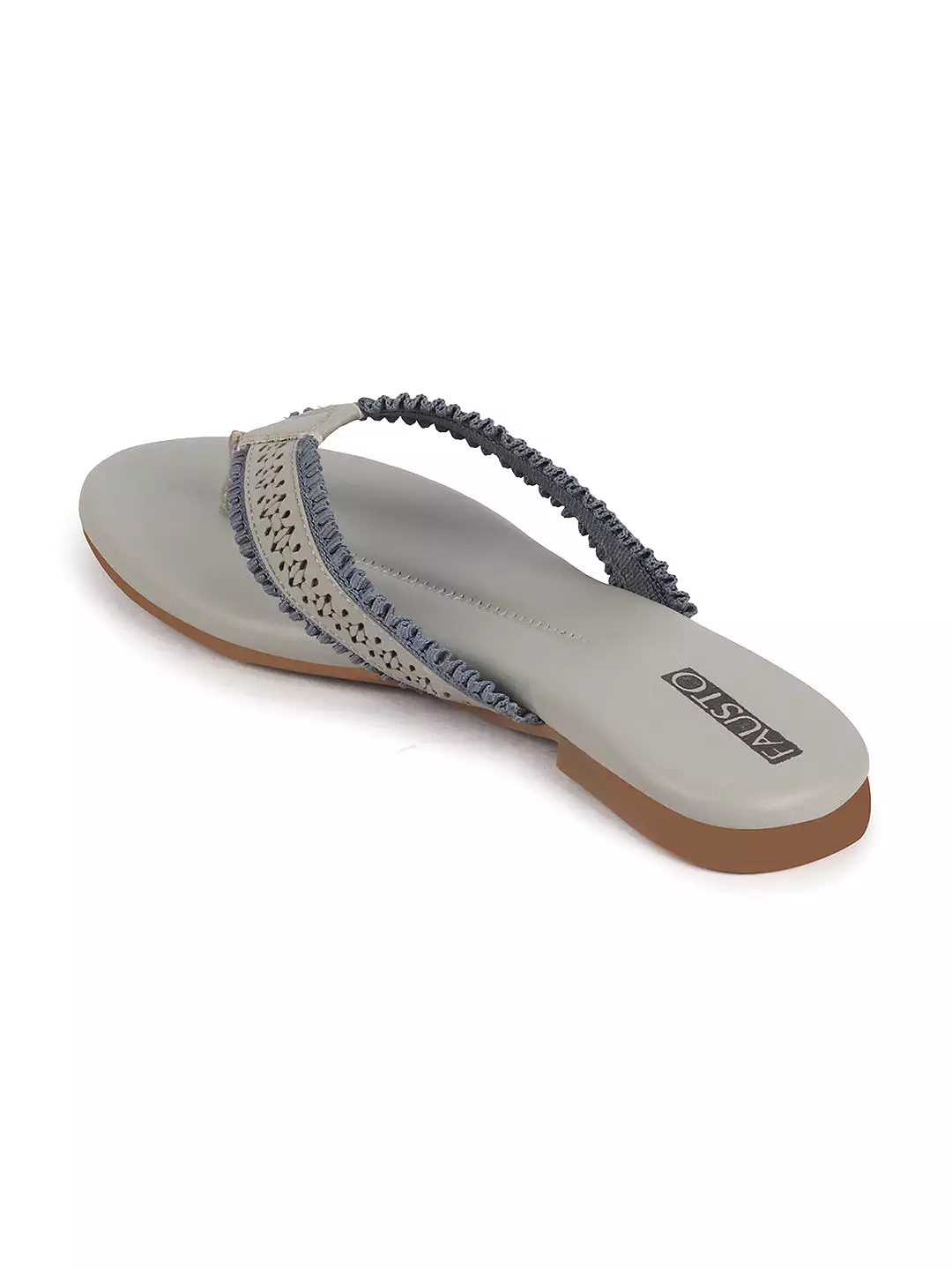 Women Grey Laser Cut Design T-Strap Thong Slip On Flats Slippers