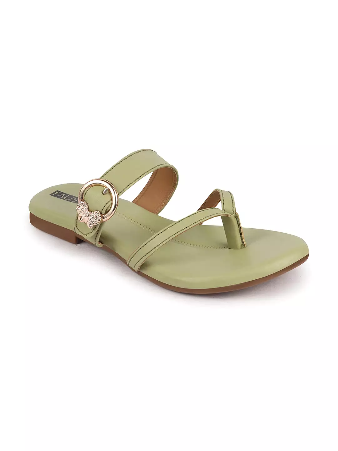 Women Leaf Party Chrome Design Buckle Strap Thong Slip On Flats Slipper