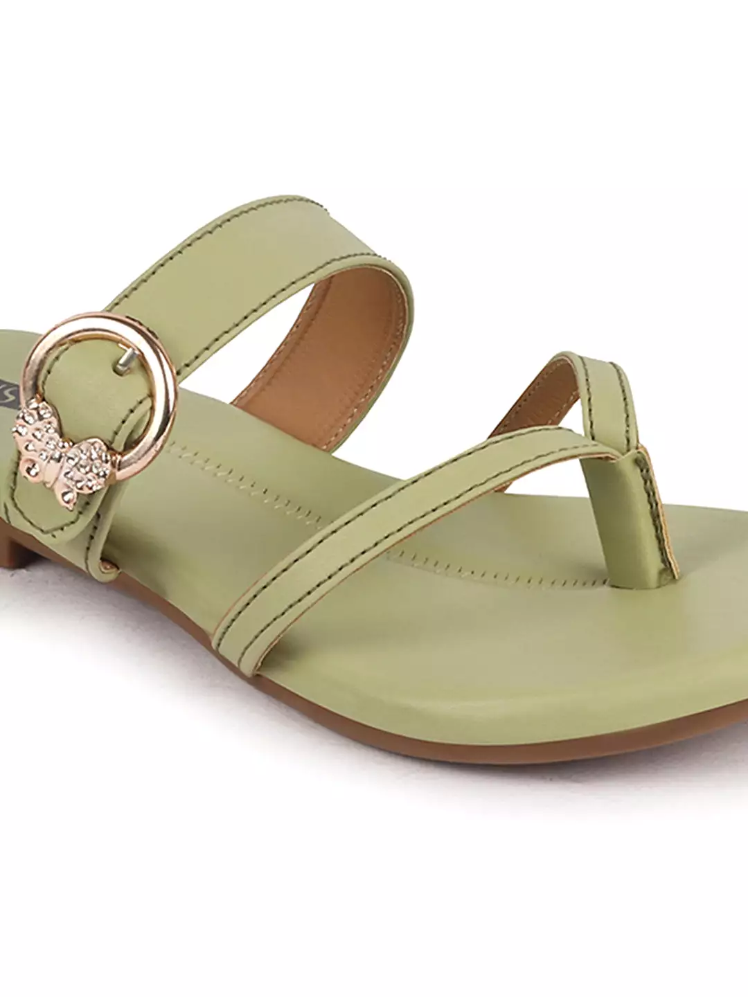 Women Leaf Party Chrome Design Buckle Strap Thong Slip On Flats Slipper