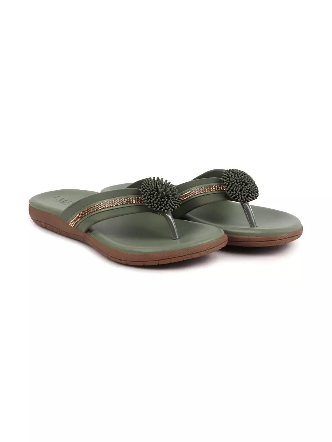 Women Olive Shiny Beads T-Strap Slipper With Cushioned Footbed|Party|Office Wear|Weekend