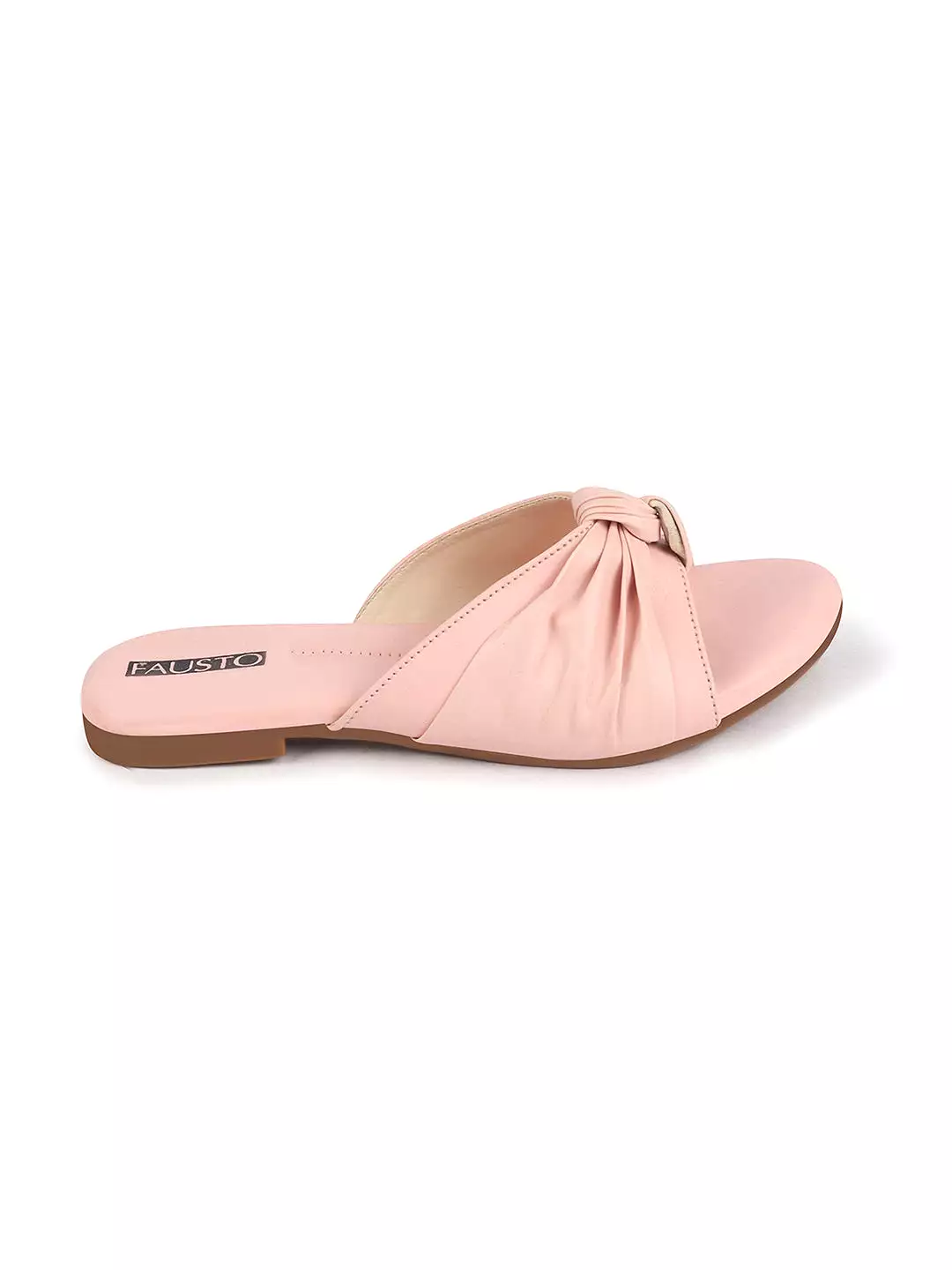 Women Pink Bow Design Open Toe Slip On Flats Slippers