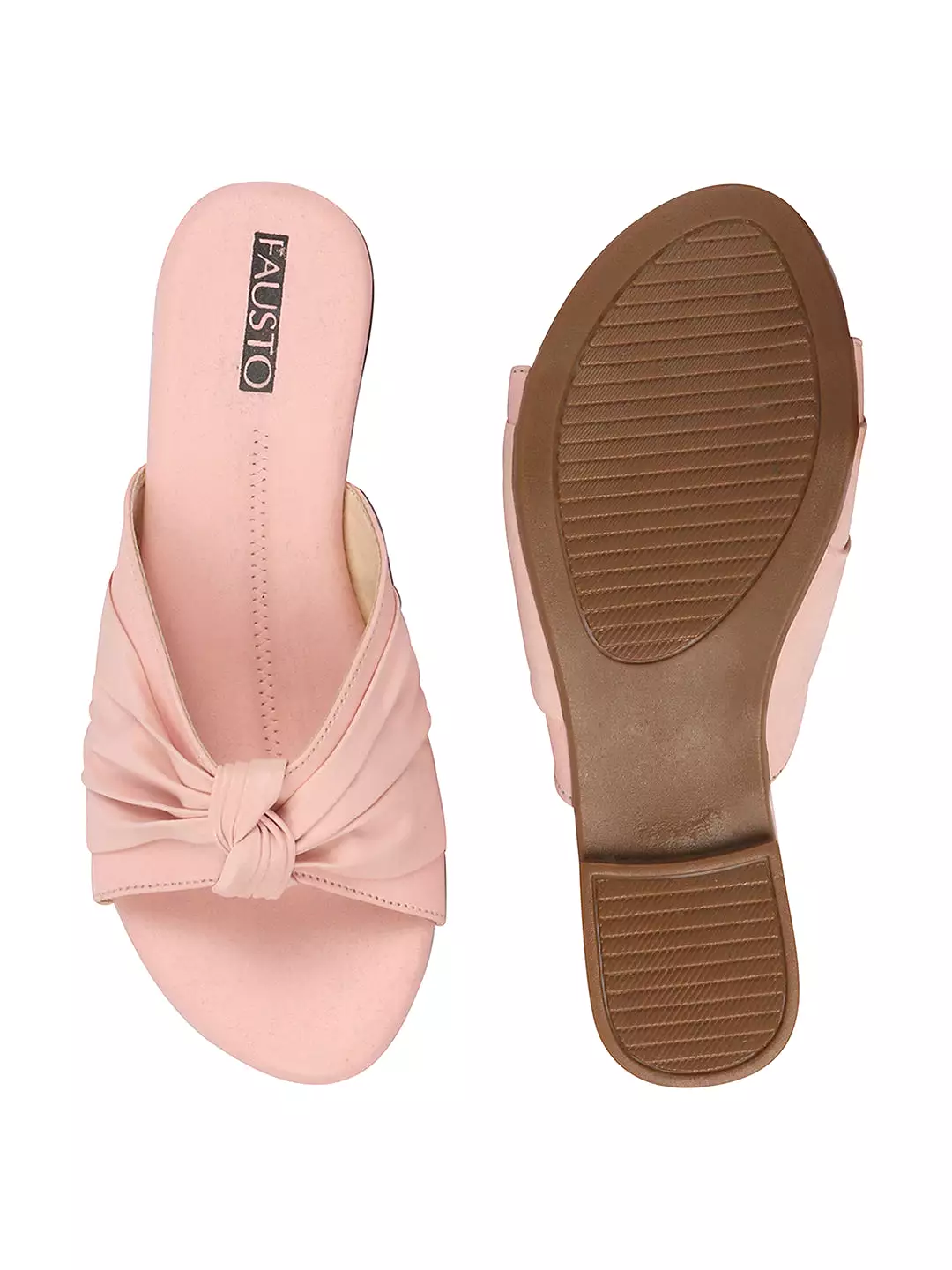 Women Pink Bow Design Open Toe Slip On Flats Slippers