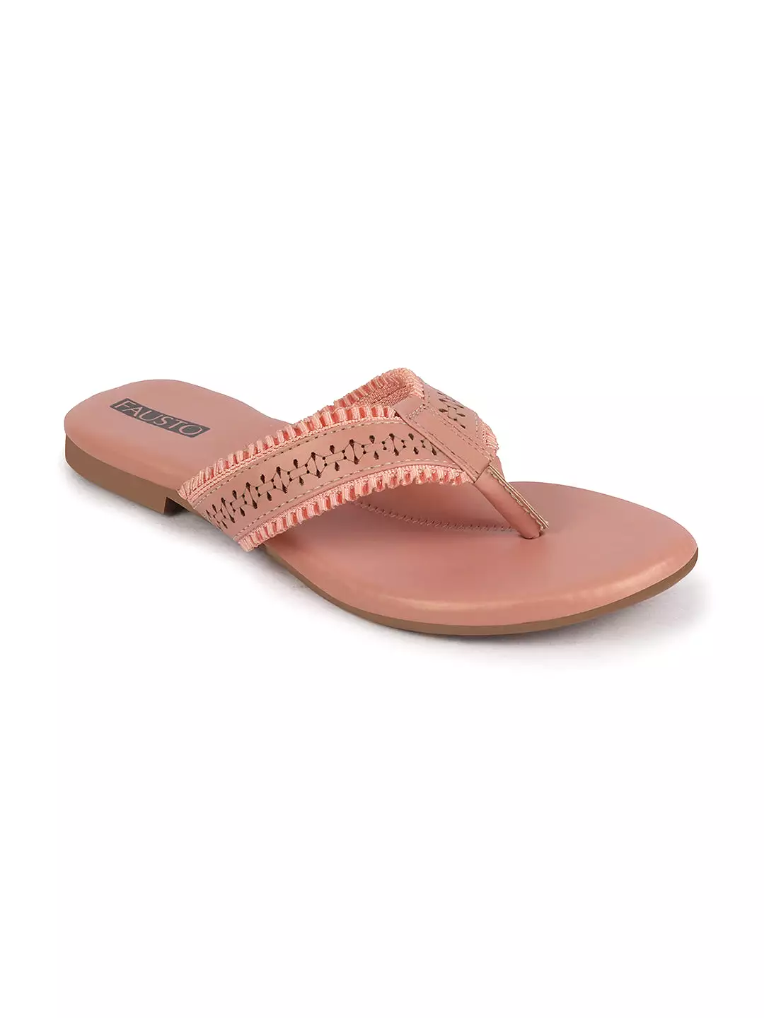 Women Pink Laser Cut Design T-Strap Thong Slip On Flats Slippers