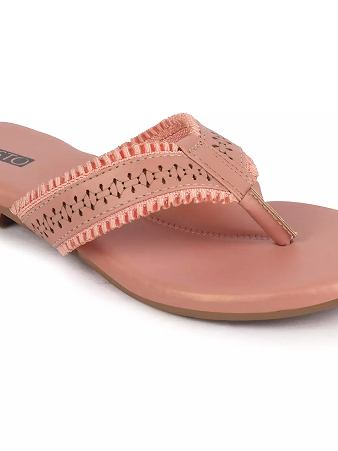 Women Pink Laser Cut Design T-Strap Thong Slip On Flats Slippers