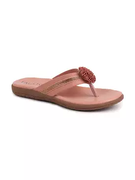 Women Pink Shiny Beads T-Strap Slipper With Cushioned Footbed|Party|Office Wear|Weekend