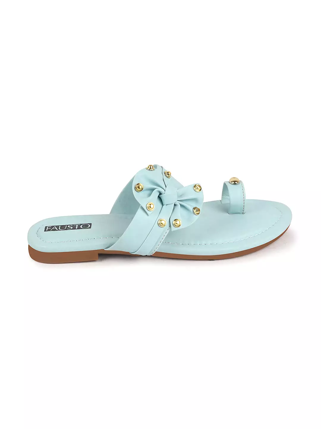 Women Sky Blue Bow Design Toe Ring Slip On Flats Slippers