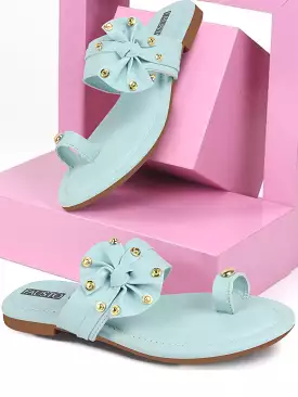 Women Sky Blue Bow Design Toe Ring Slip On Flats Slippers