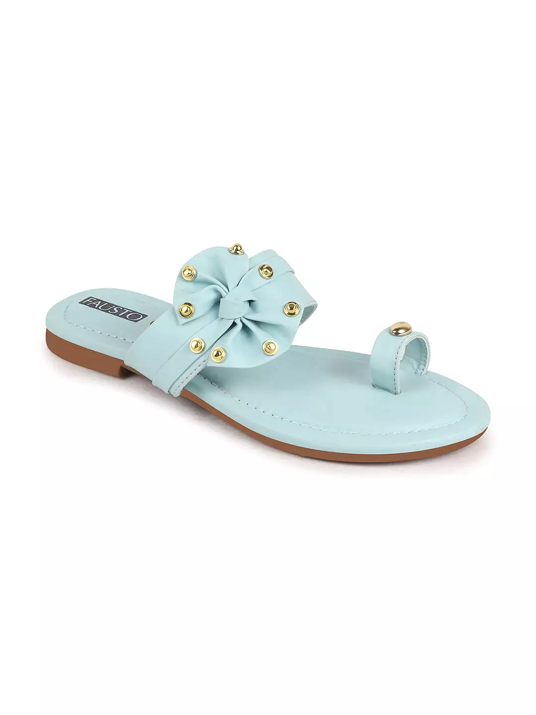 Women Sky Blue Bow Design Toe Ring Slip On Flats Slippers