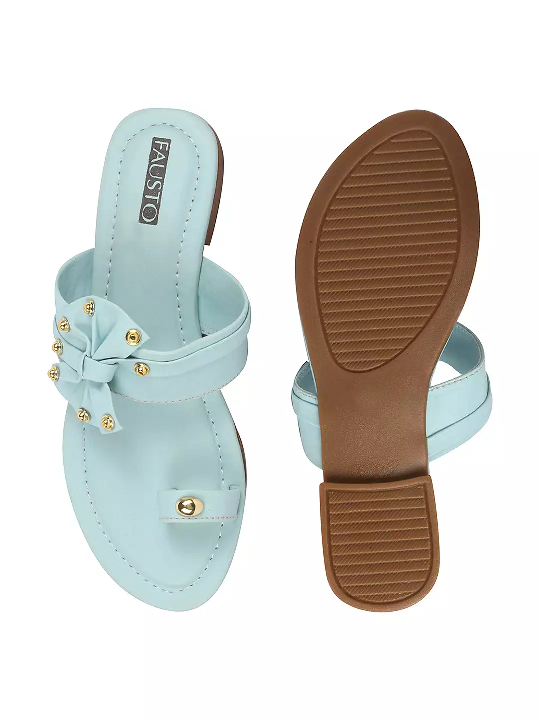 Women Sky Blue Bow Design Toe Ring Slip On Flats Slippers