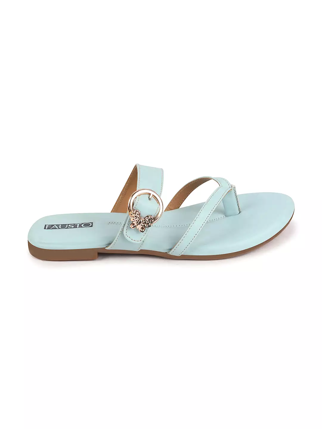 Women Sky Blue Party Chrome Design Buckle Strap Thong Slip On Flats Slipper