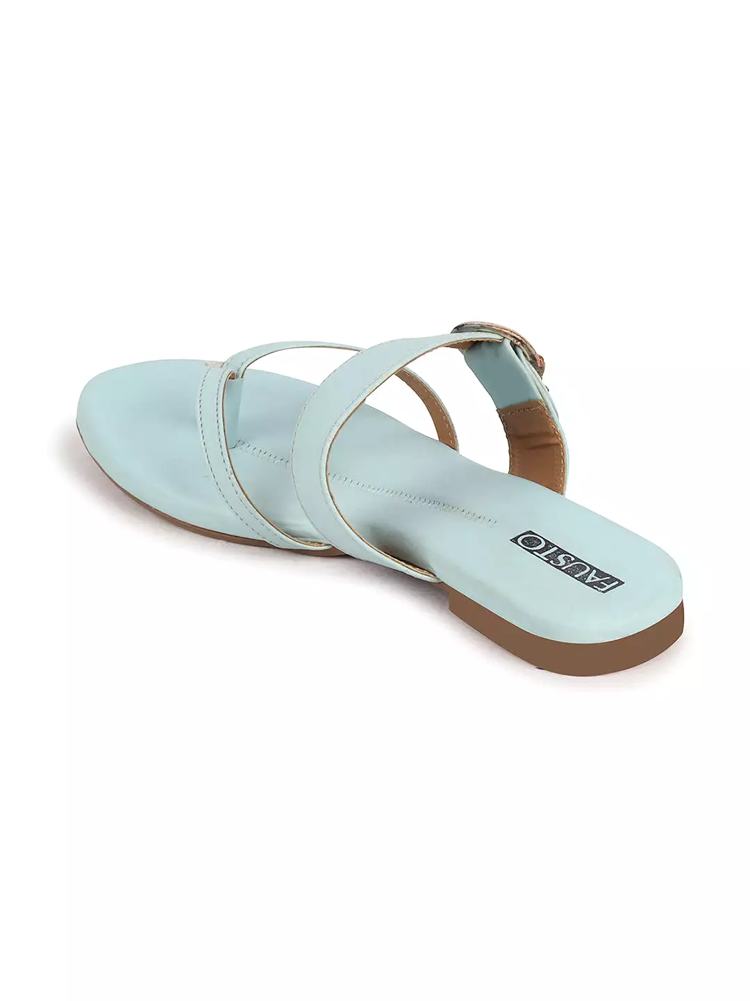 Women Sky Blue Party Chrome Design Buckle Strap Thong Slip On Flats Slipper