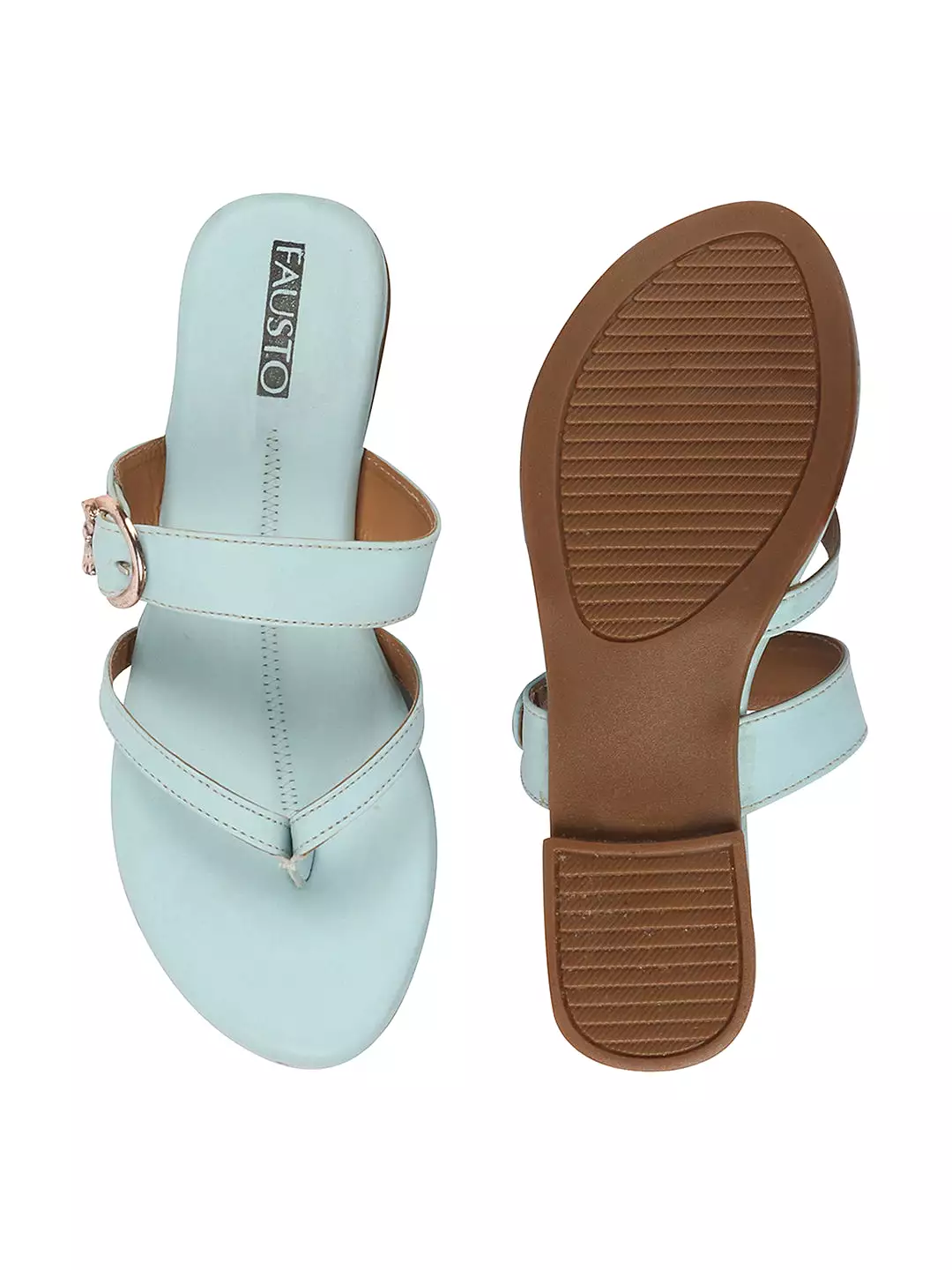 Women Sky Blue Party Chrome Design Buckle Strap Thong Slip On Flats Slipper