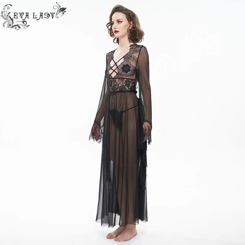 Women's Gothic Flare Sleeved Backless Sheer Sexy Nightgown