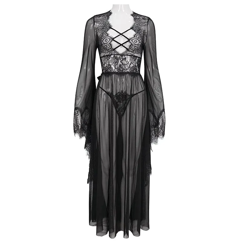 Women's Gothic Flare Sleeved Backless Sheer Sexy Nightgown