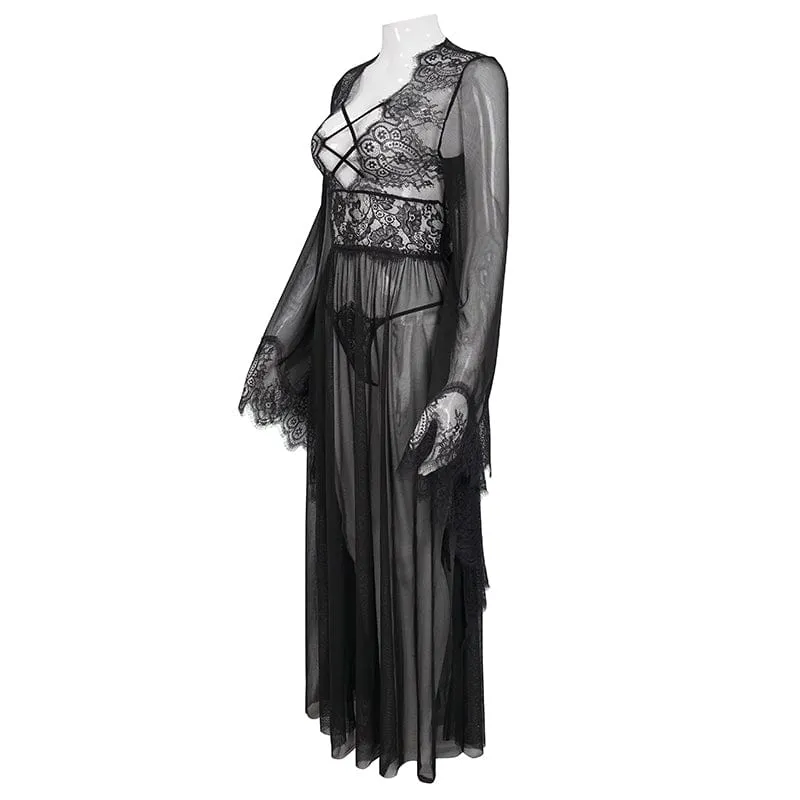 Women's Gothic Flare Sleeved Backless Sheer Sexy Nightgown