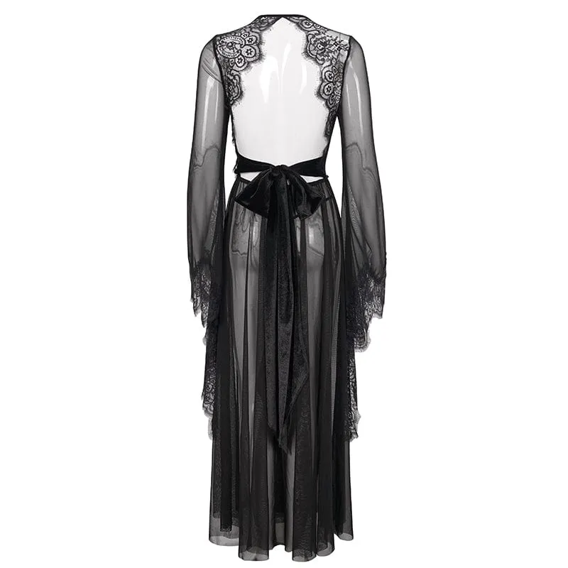 Women's Gothic Flare Sleeved Backless Sheer Sexy Nightgown